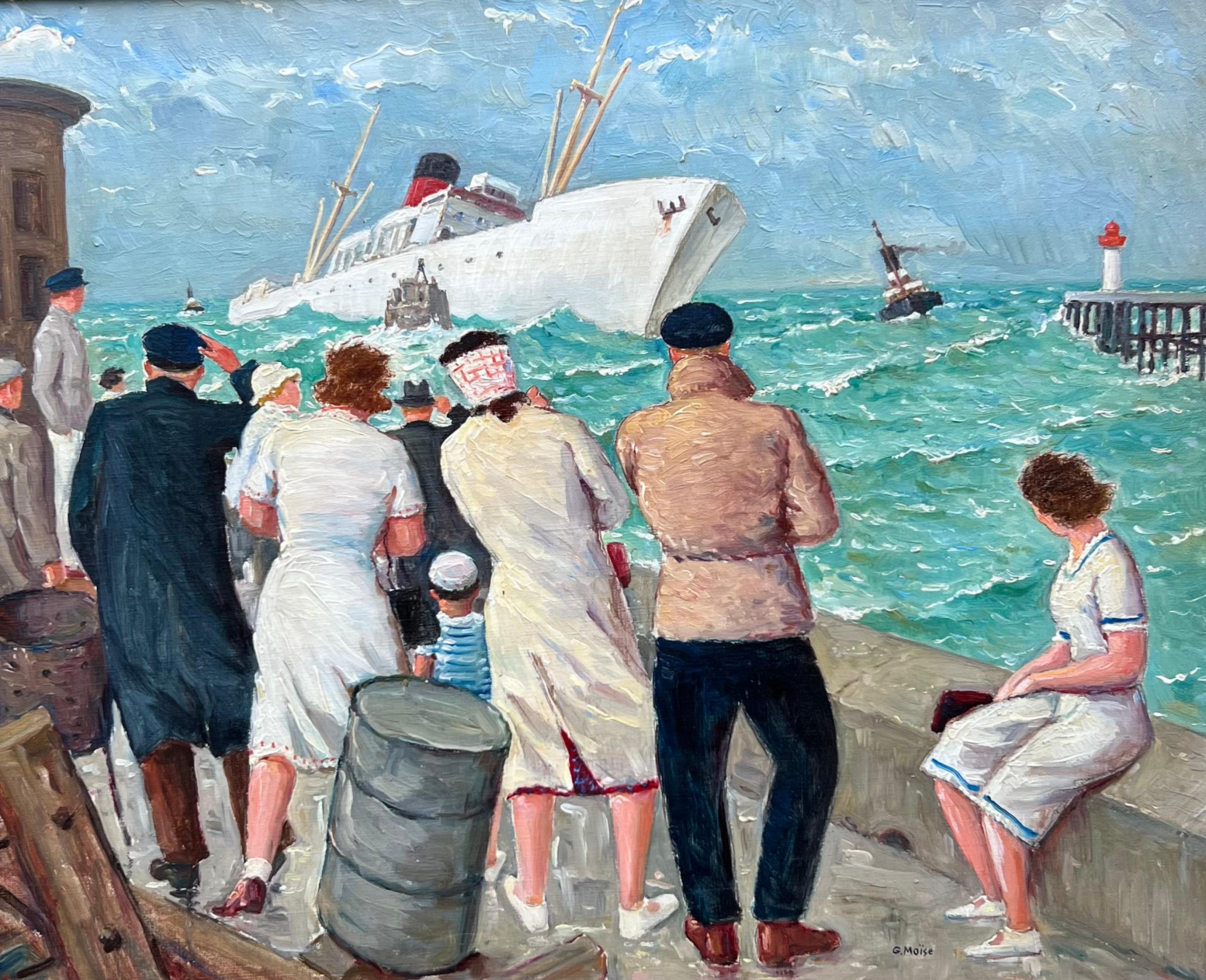 "Banana Freighter Entering Port in Rough Seas", dipinto a olio originale del 1950