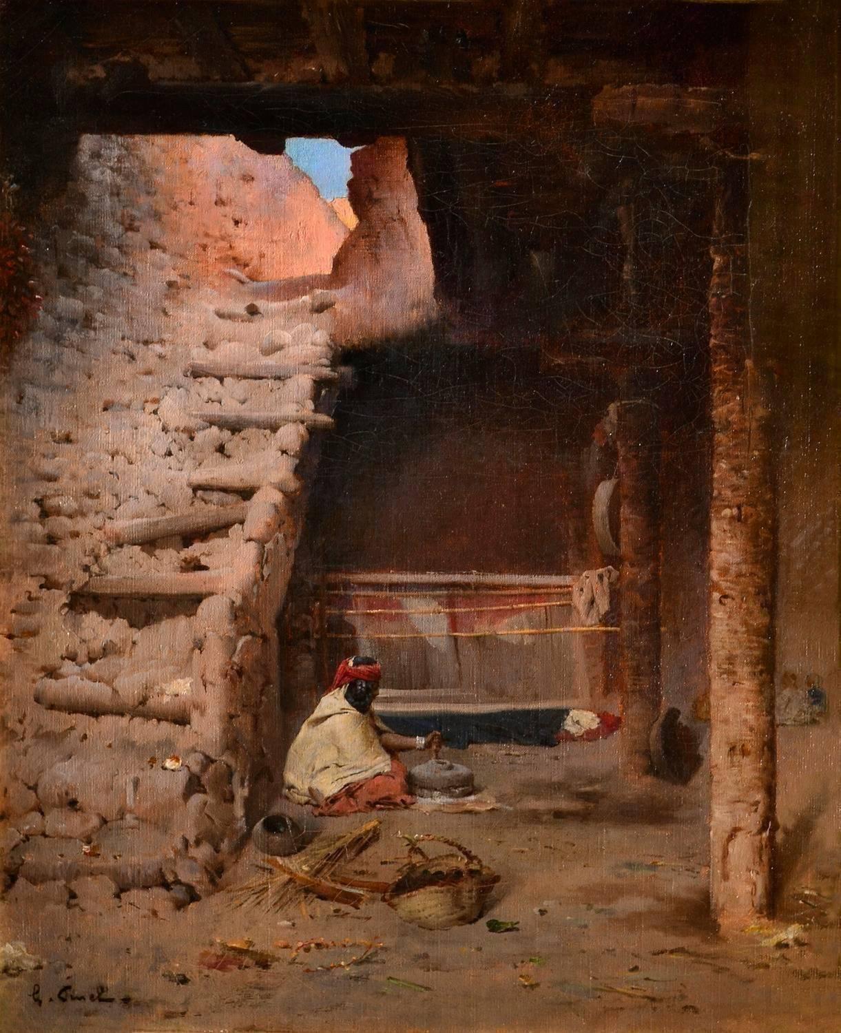 Gustave Nicholos Pinel Interior Painting - The Home Dwelling, 19th Century Signed Orientalist Oil 