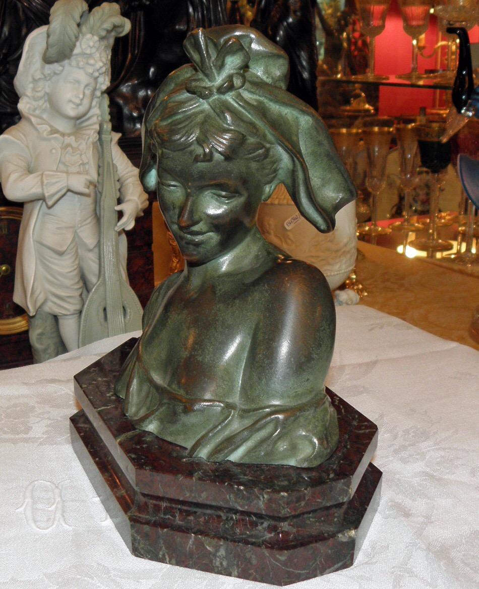 French Gustave Obiols Bronze Woman Bust Sculpture Marble Base, France
