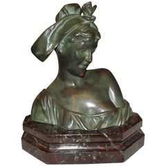 Gustave Obiols Bronze Woman Bust Sculpture Marble Base, France