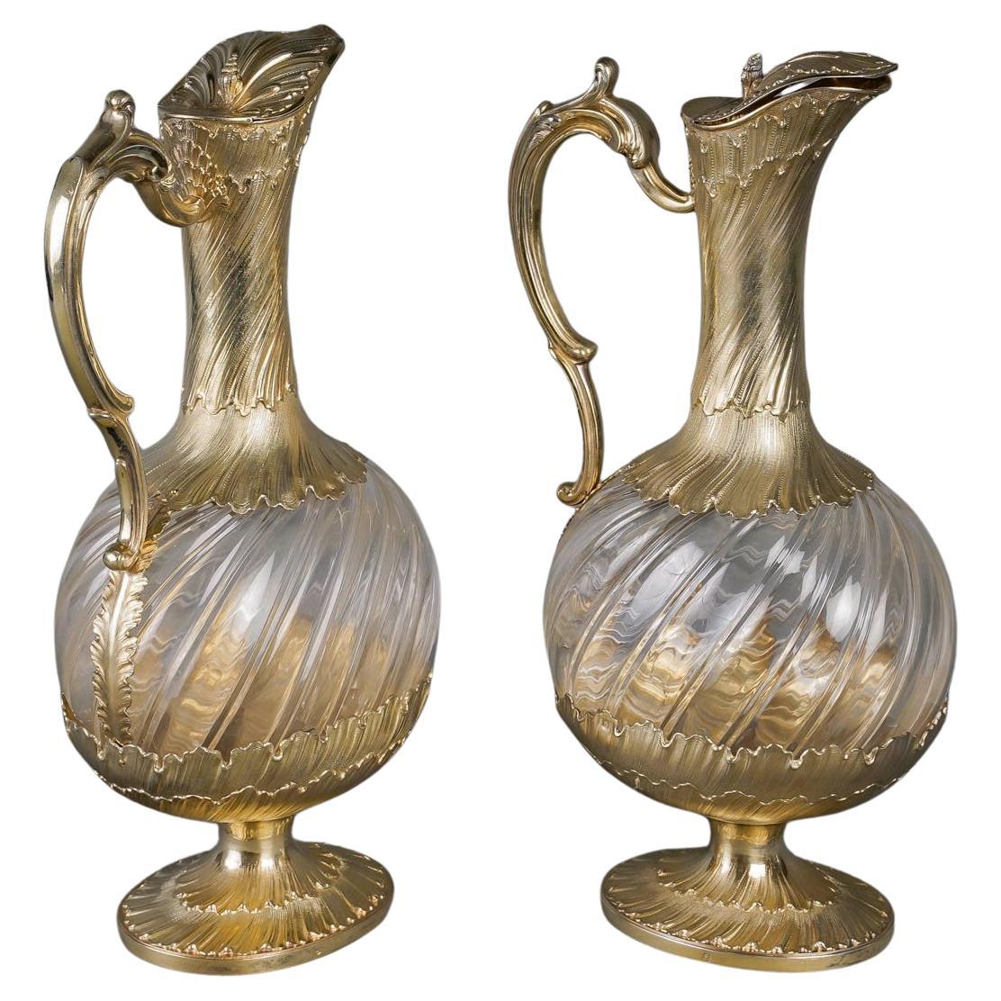 GUSTAVE ODIOT – Pair Of Crystal and Vermeil Ewers Circa 1870/1880 For Sale
