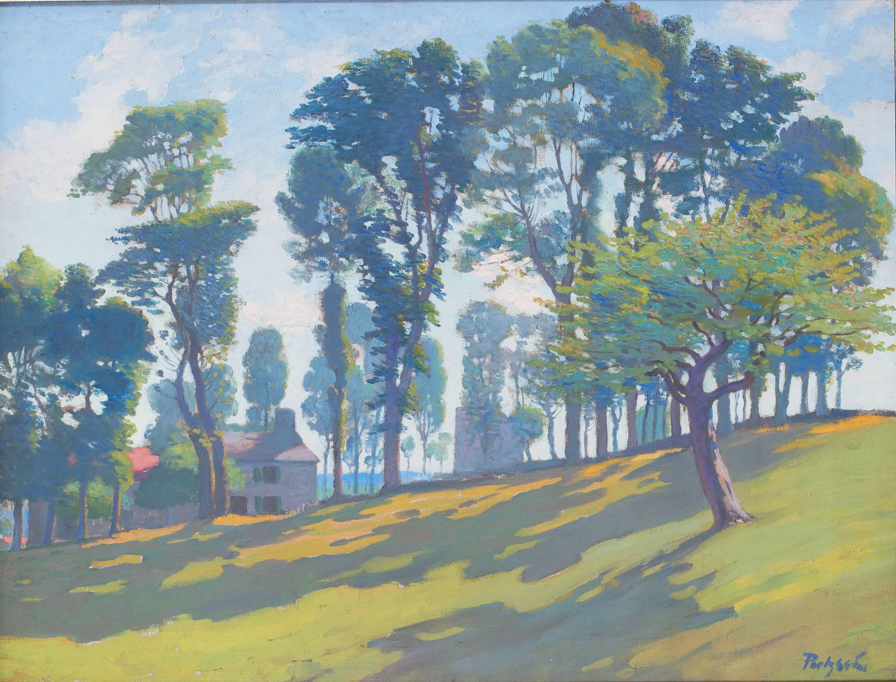 An Impressionist painting of trees in dappled sunlight by Swiss artist Poetzsch - Painting by Gustave Poetzsch