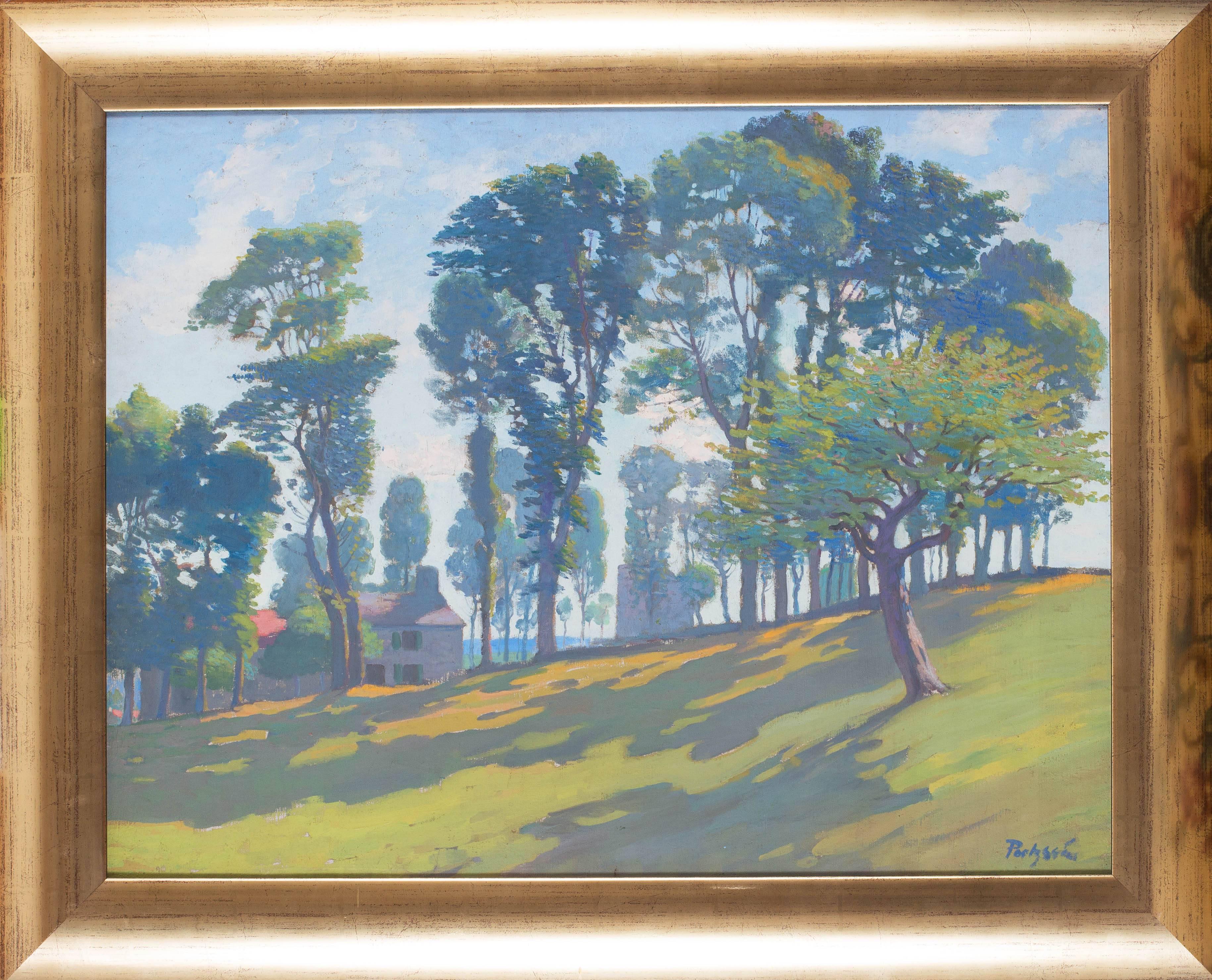 Gustave Poetzsch Landscape Painting - An Impressionist painting of trees in dappled sunlight by Swiss artist Poetzsch