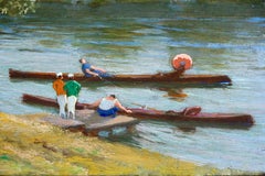 Festa in barca sul fiume - Figure del XIX secolo in un paesaggio fluviale di G Poetzsch