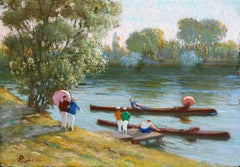 Boating Party on the River - 19th Century Figures in Riverscape by G Poetzsch
