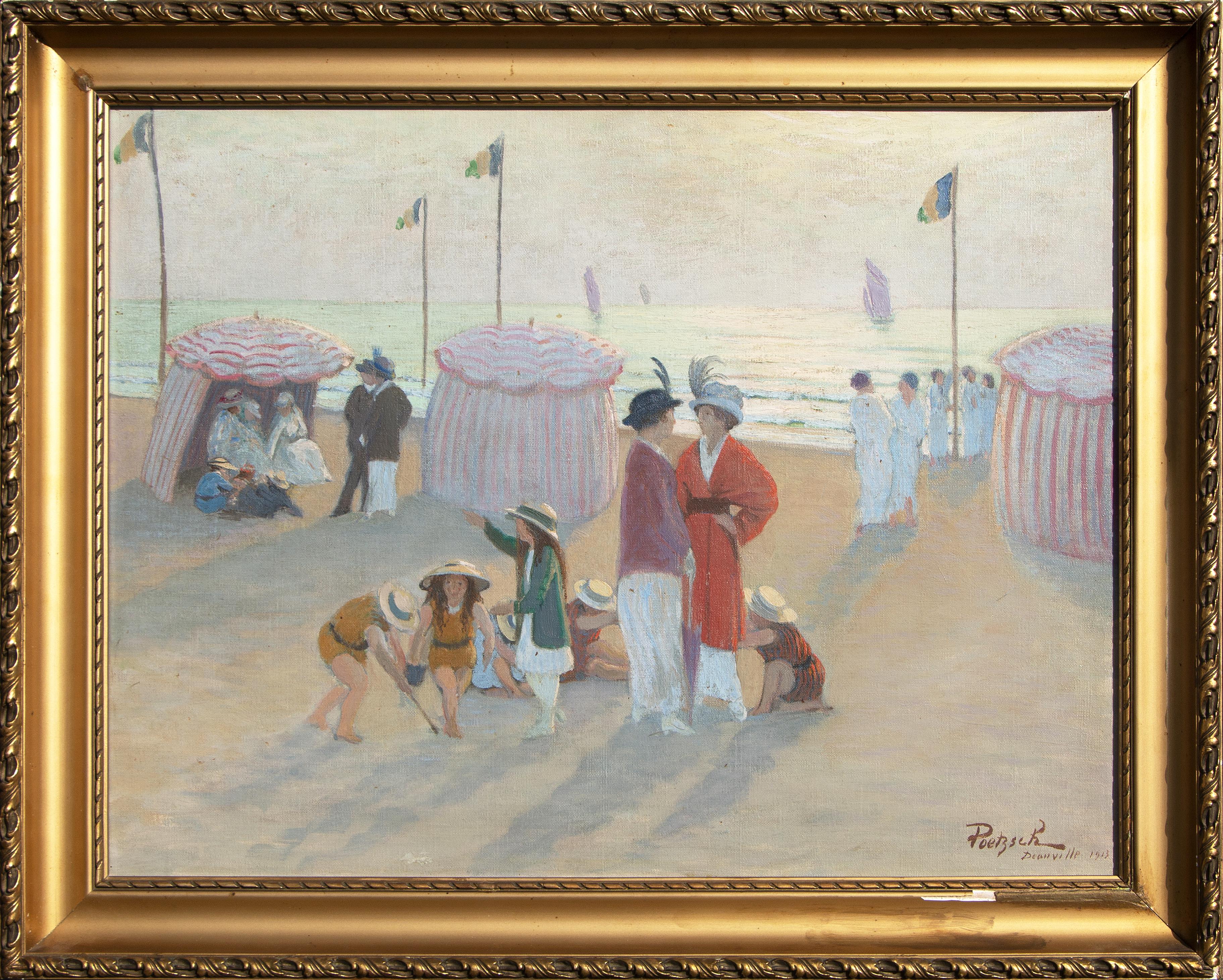 This is a beach scene painted by the Swiss Belle Epoque painter Gustave Poetzsch.  It is a scene from Deauville featuring two ladies in the center with a group of children surrounding them.  There are bright reds, greens and oranges in the subjects'