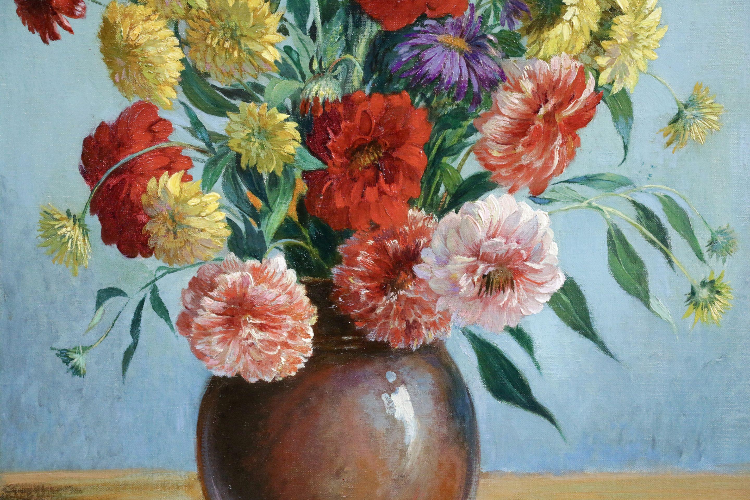 Fleurs - 19th Century Oil, Still Life of Flowers in Vase by Gustave Poetzsch 1