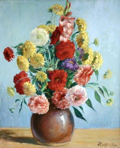 Fleurs - 19th Century Oil, Still Life of Flowers in Vase by Gustave Poetzsch