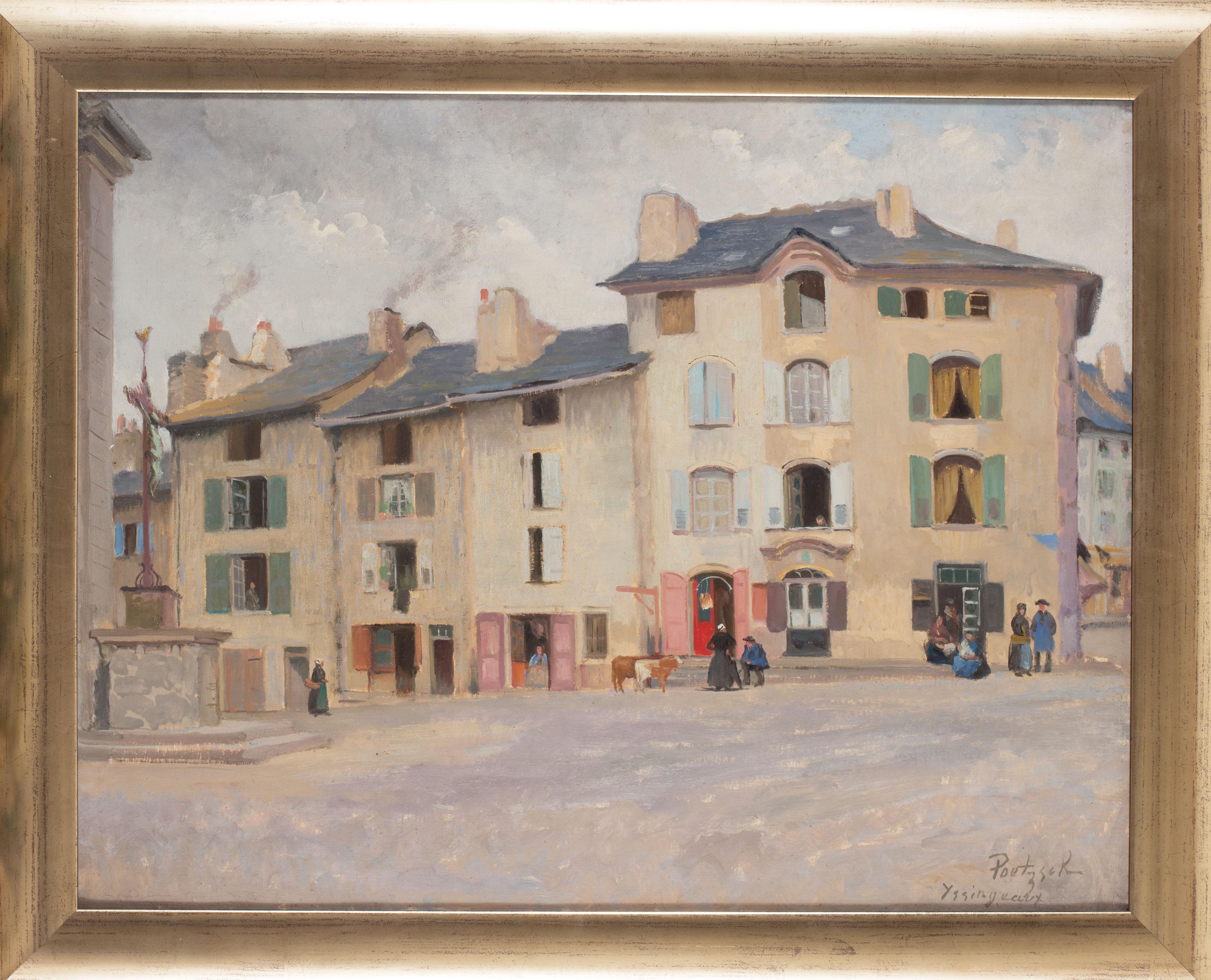 Gustave Poetzsch (Swiss, 1870)
‘Figures in the market square, Yssingeaux’, France
Oil on canvas
Signed and inscribed ‘ Poetszch / Yssingeaux’ (lower right)

19.5 x 25.5in. (49.5 x 64.8cm.)
25 x 30.3/4in. (63.5 x 78cm.) (including frame)

Gustave