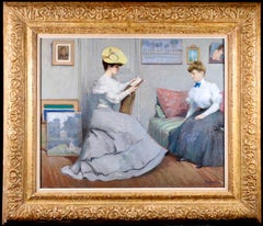 "La Lecture" Poetzsch C.19th French Impressionist Elegant Figures in Interior