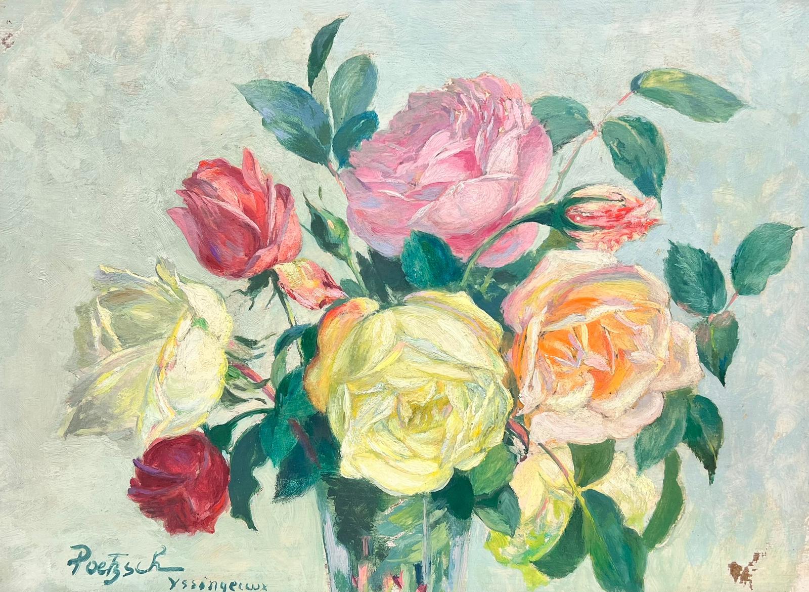 Pink Yellow Roses in Vase Still Life Signed Oil Listed Swiss Belle Époque artist - Painting by Gustave Poetzsch