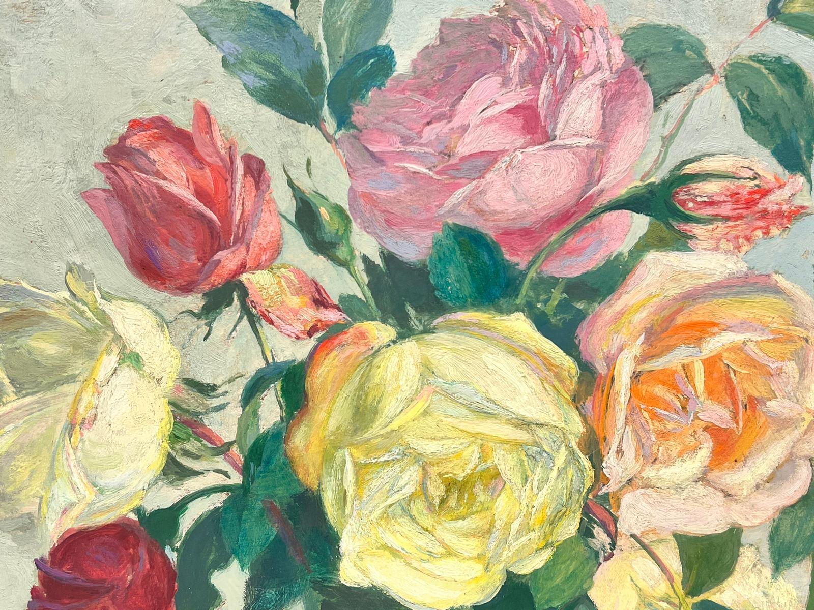 Rosa Gelbe Rosen in Vase Stillleben Signiert Öl Aufgeführt Schweizer Belle Époque Künstler (Impressionismus), Painting, von Gustave Poetzsch