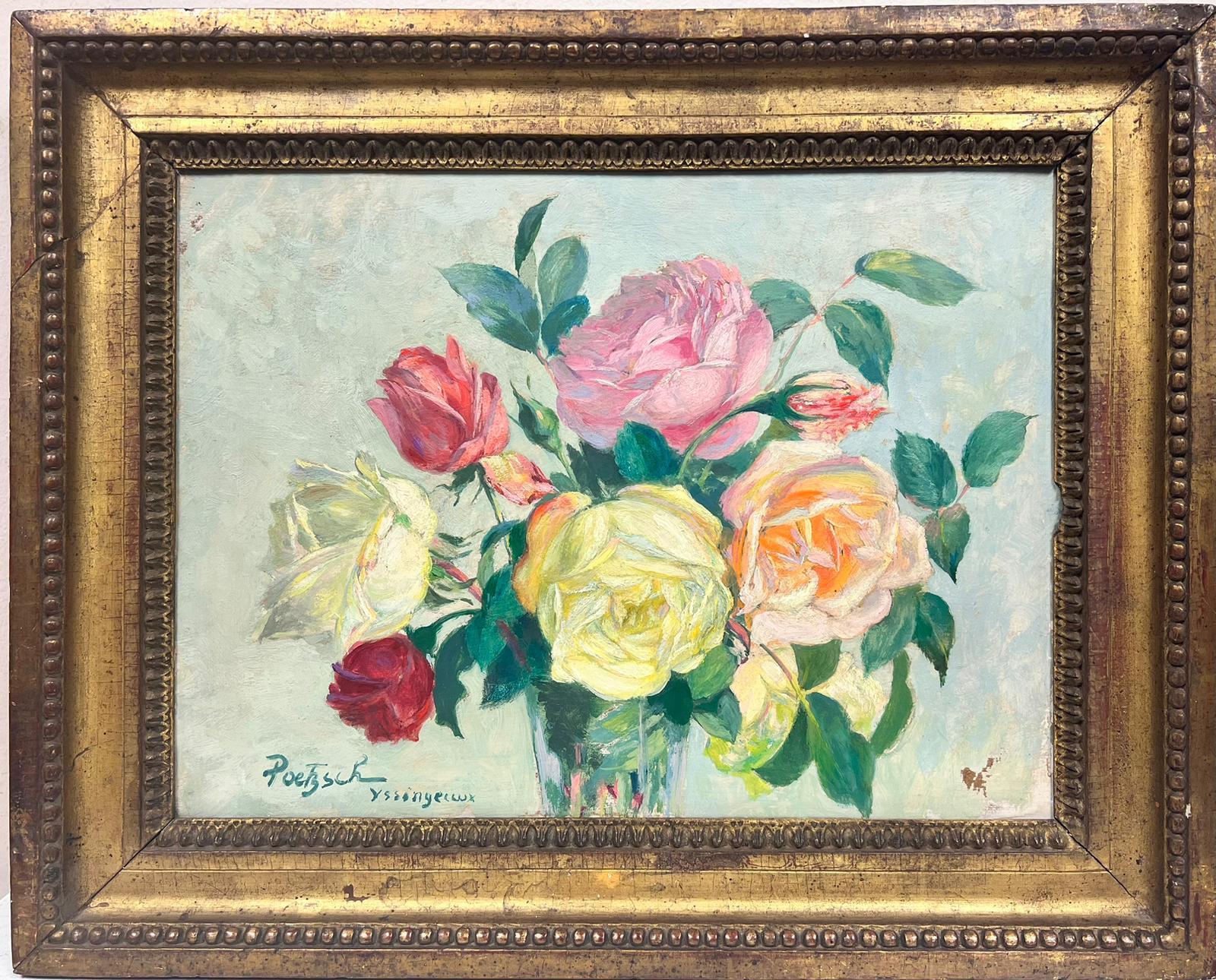 Gustave Poetzsch Still-Life Painting - Pink Yellow Roses in Vase Still Life Signed Oil Listed Swiss Belle Époque artist