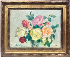 Antique Pink Yellow Roses in Vase Still Life Signed Oil Listed Swiss Belle Époque artist