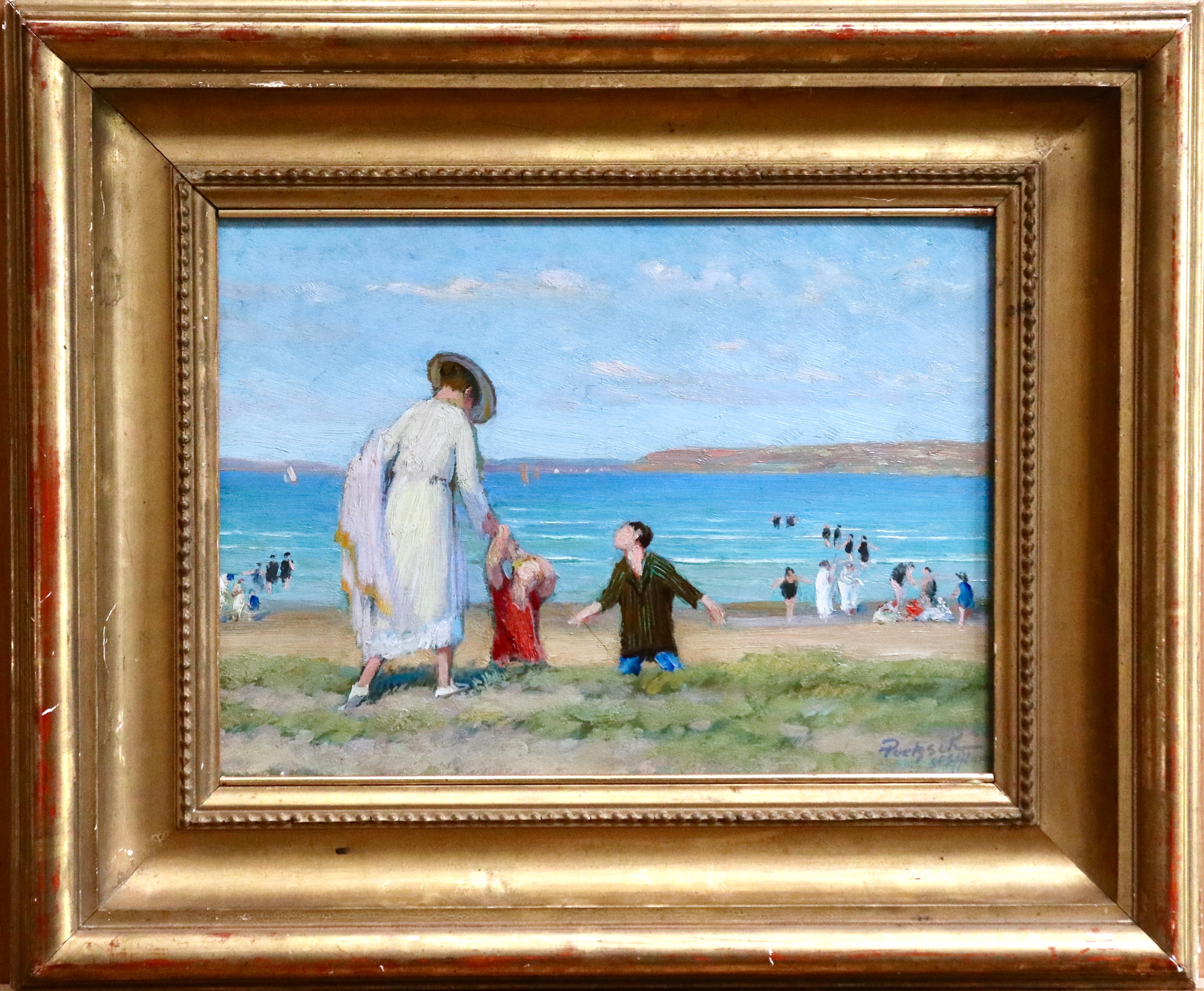 Saint Efflam Elegant Figures on the Beach - 19th Century Landscape - G Poetzsch - Painting by Gustave Poetzsch