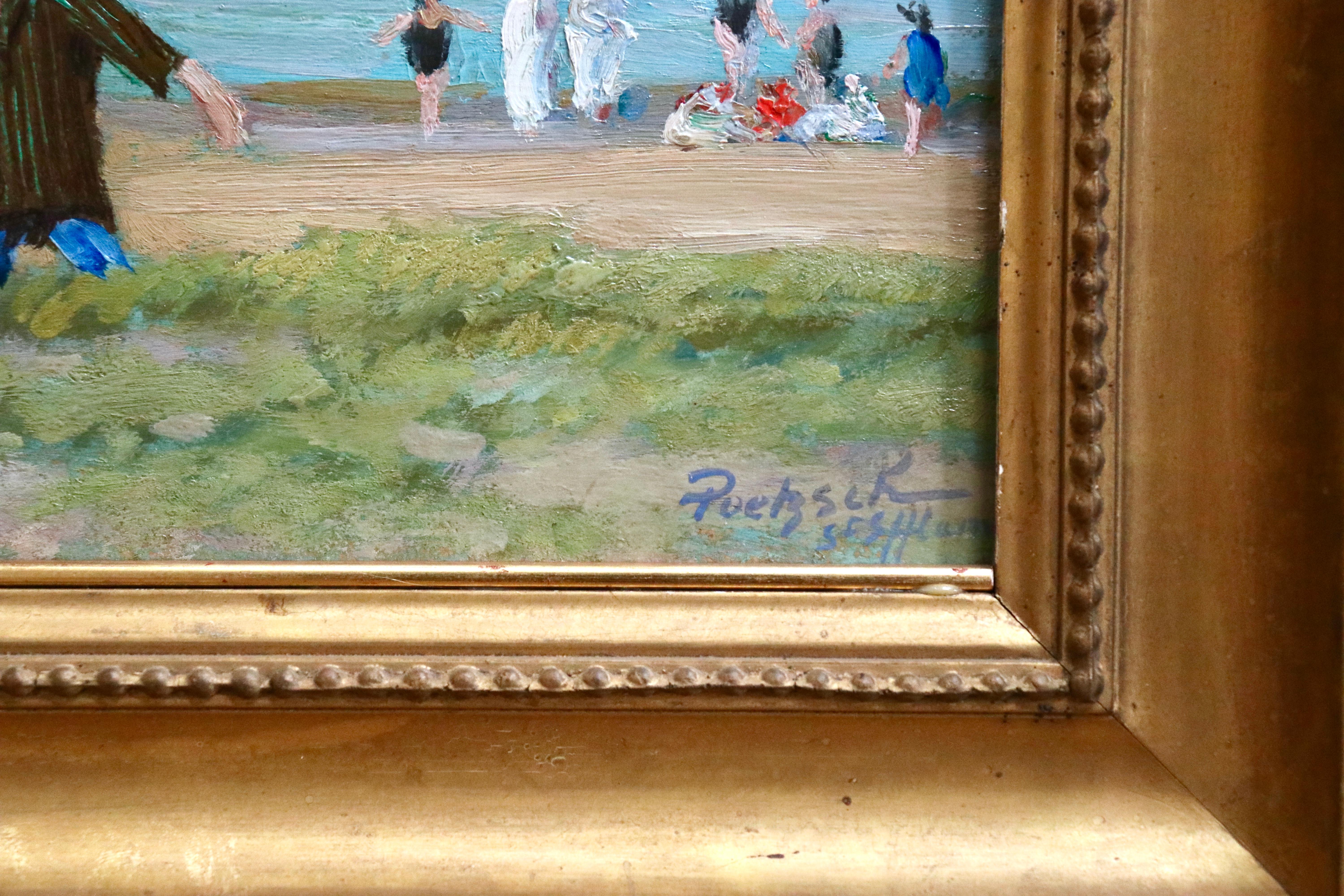 Saint Efflam Elegant Figures on the Beach - 19th Century Landscape - G Poetzsch - Post-Impressionist Painting by Gustave Poetzsch