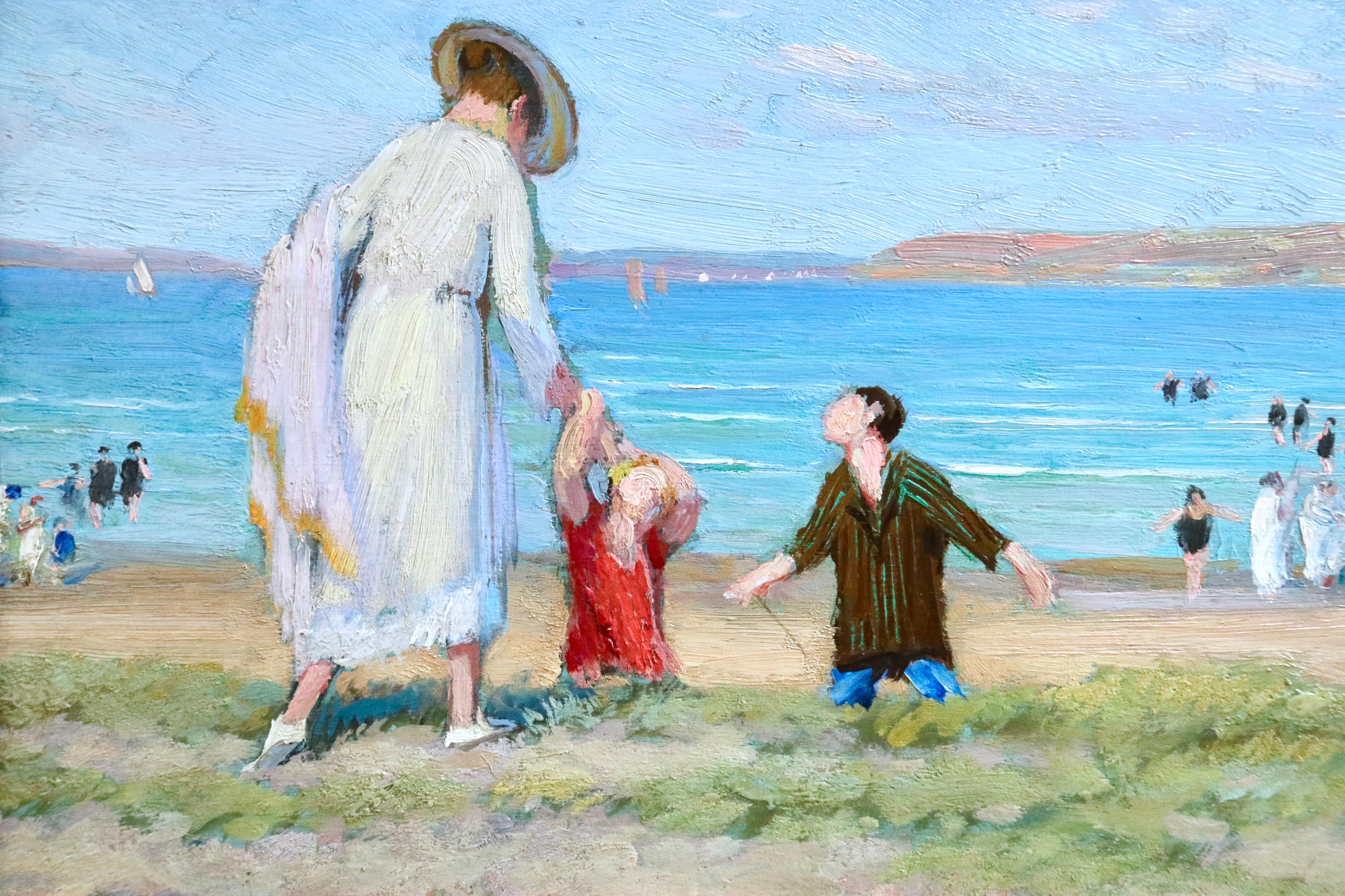 Oil on panel circa 1910 by Gustave Poetzsch depicting a lovely beach scene with mother and children to the forefront. Strikingly coloured and brushed. Signed and inscribed lower right. Framed dimensions are 18 inches high by 21.5 inches