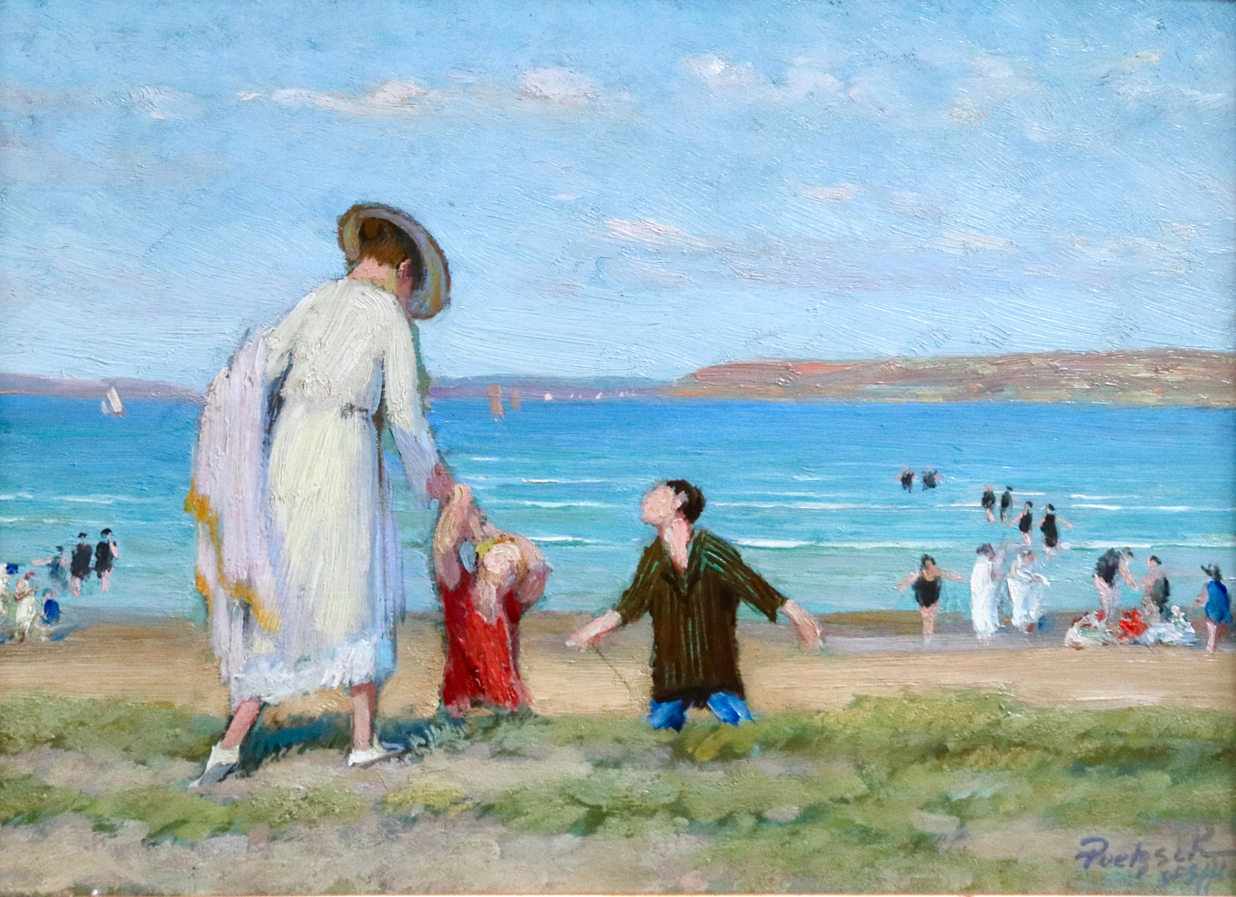Gustave Poetzsch Landscape Painting - Saint Efflam Elegant Figures on the Beach - 19th Century Landscape - G Poetzsch