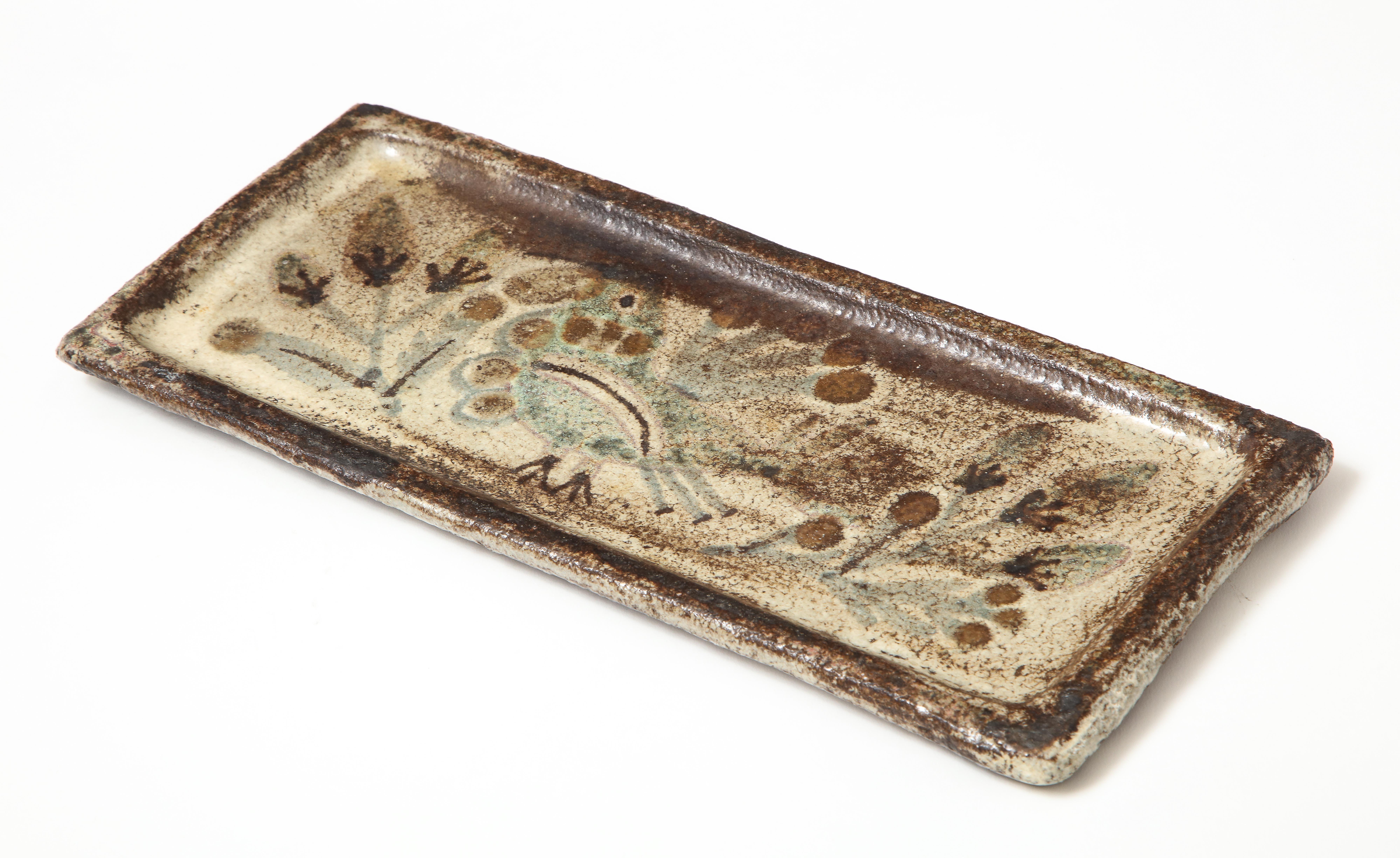 Signed Gustave Raynaud ceramic rectangular platter, Vallauris, France, circa 1950s.