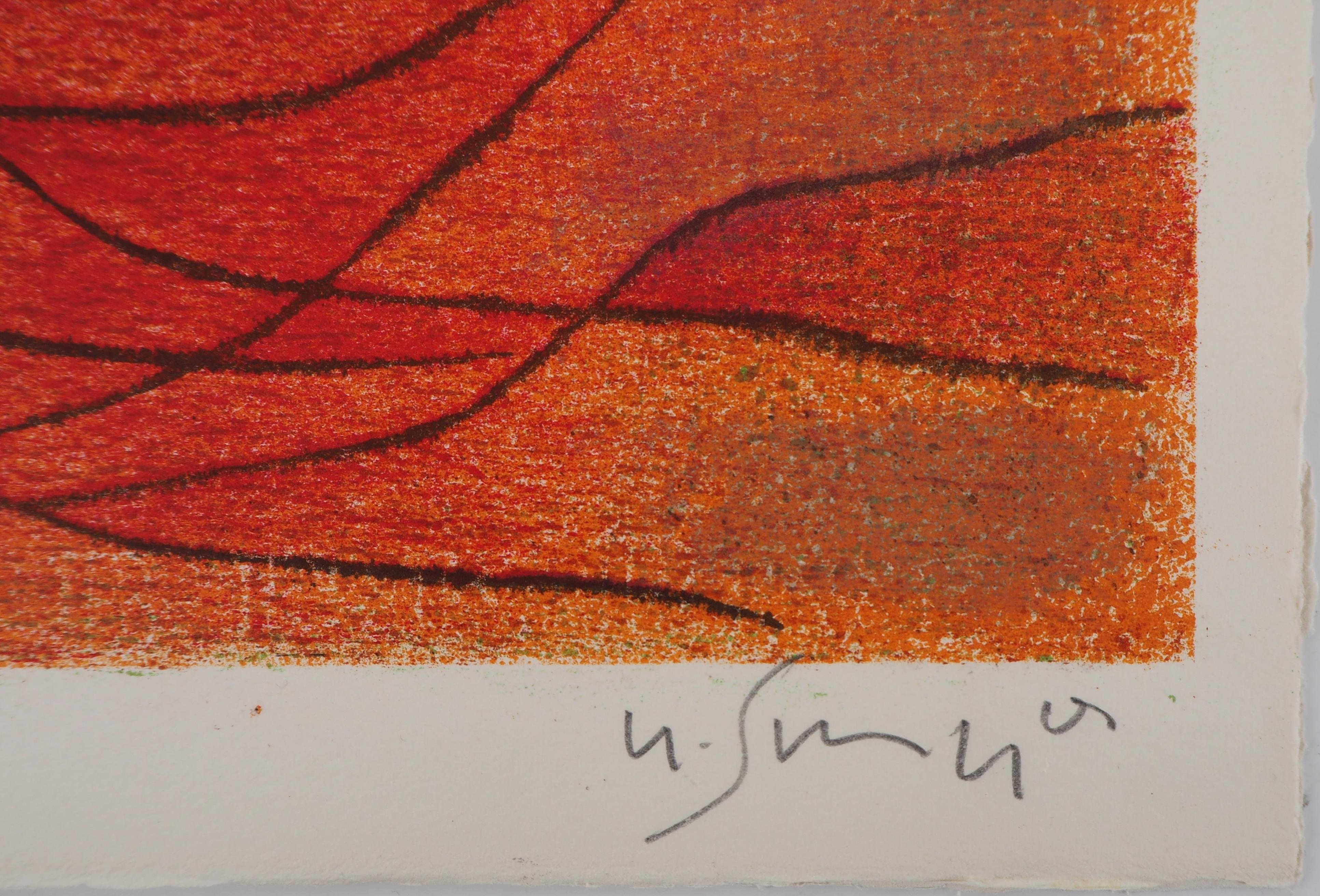 Abstract composition in Orange - Original lithograph, Handsigned - Print by Gustave Singier