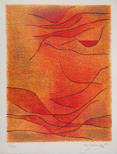 Abstract composition in Orange - Original lithograph, Handsigned