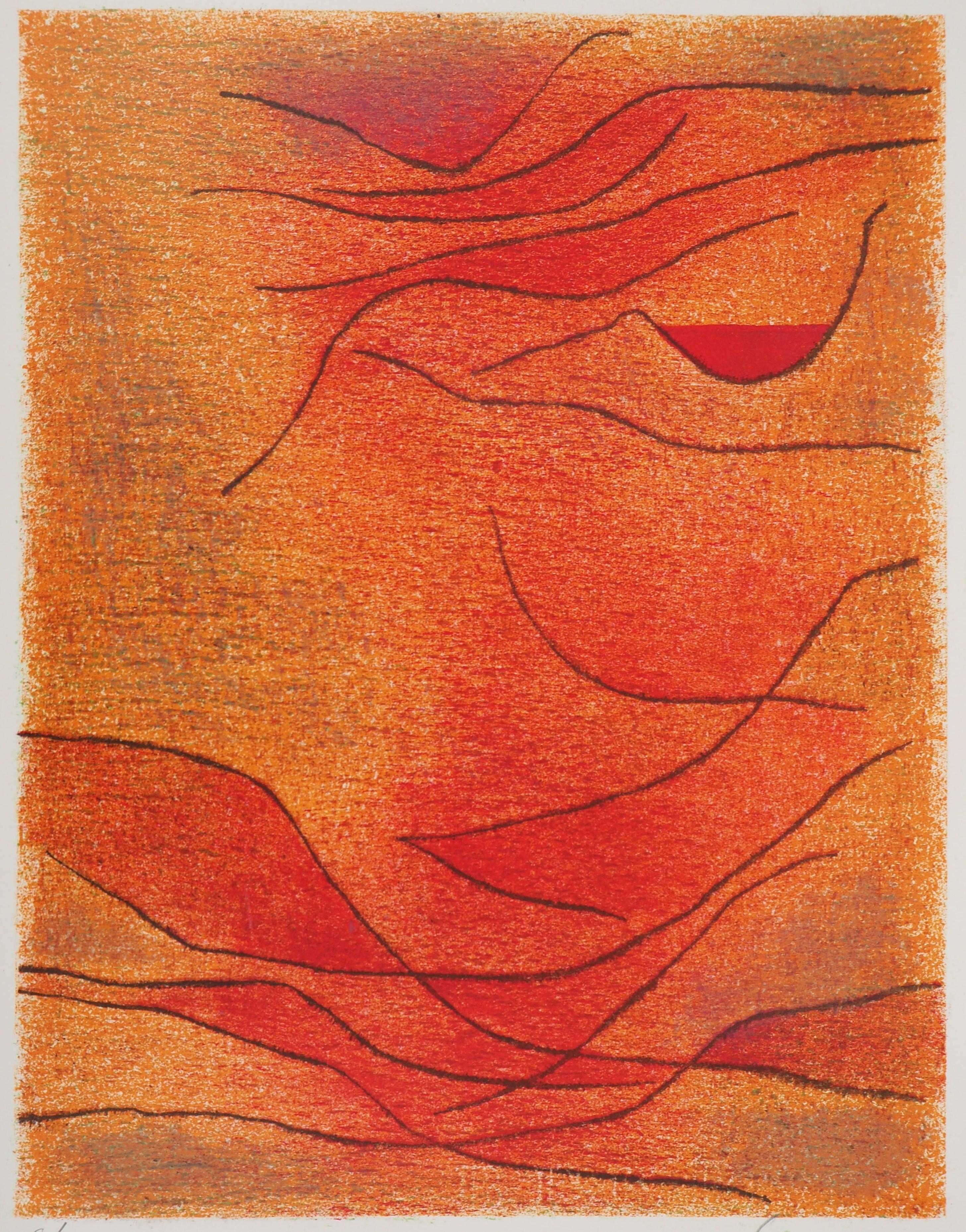 Orange and Red Composition is an original print realized by Gustave Singier in the 1959.

Mixed color lithograph on vellum paper.

Hand-signed in pencil on the lower right. Numbered on the lower left. Edition 6/200.

Beautiful mixed colored