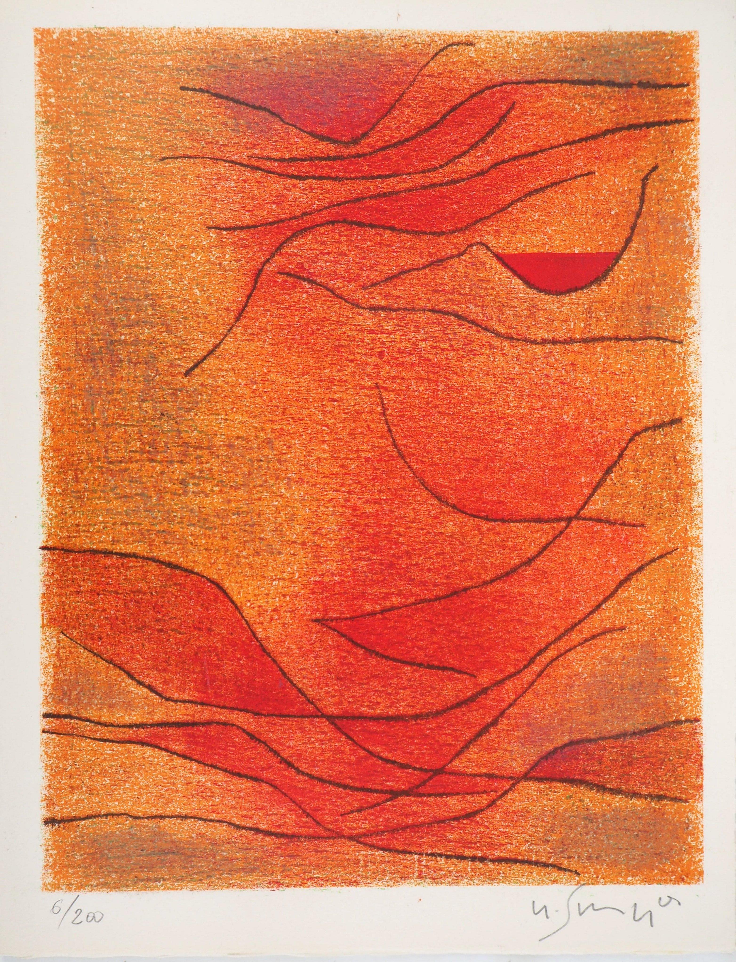Gustave Singier Abstract Print – Orange and Red Composition - Original lithograph by G. Singier - 1959