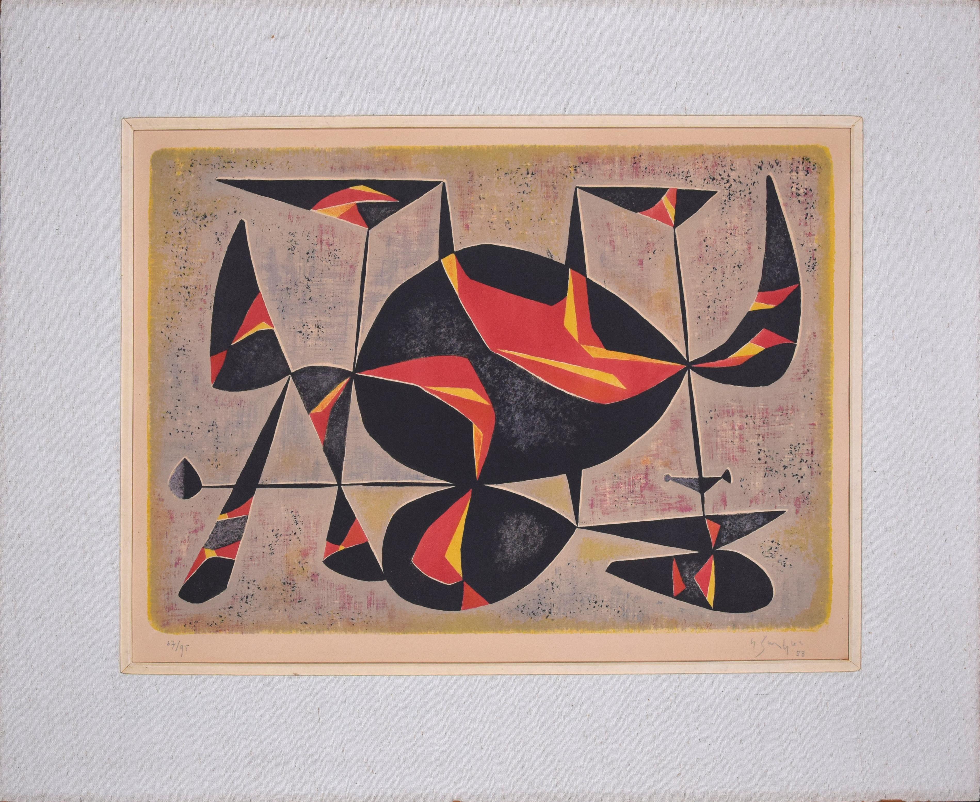 Veronica is is a colored lithograph realized by Gustave Singier in1953.
Hand signed and dated in pencil on lower right. Numbered on lower left. Edition 37/95.
This modern print is realized using black, red and yellow colors. 
The artwork is attached