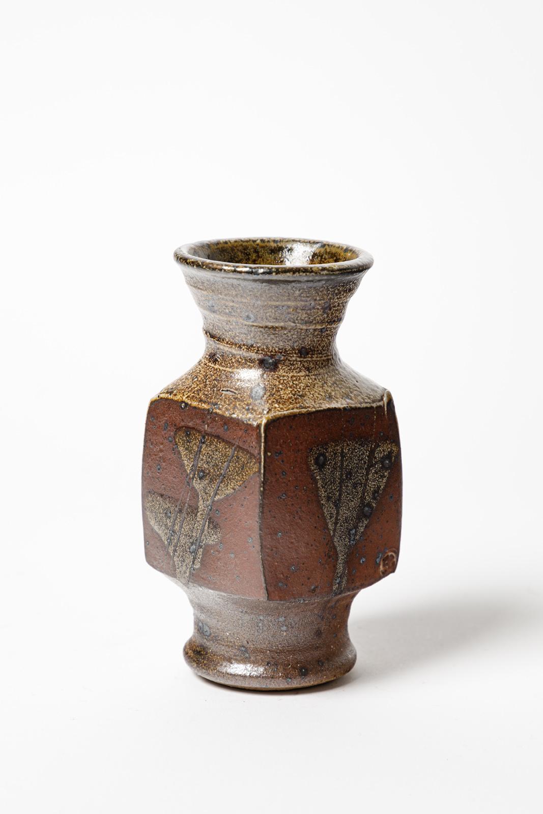 Mid-Century Modern Gustave Tiffoche 20e siècle Vase en céramique abstraite Brown 1970 6/7 en vente