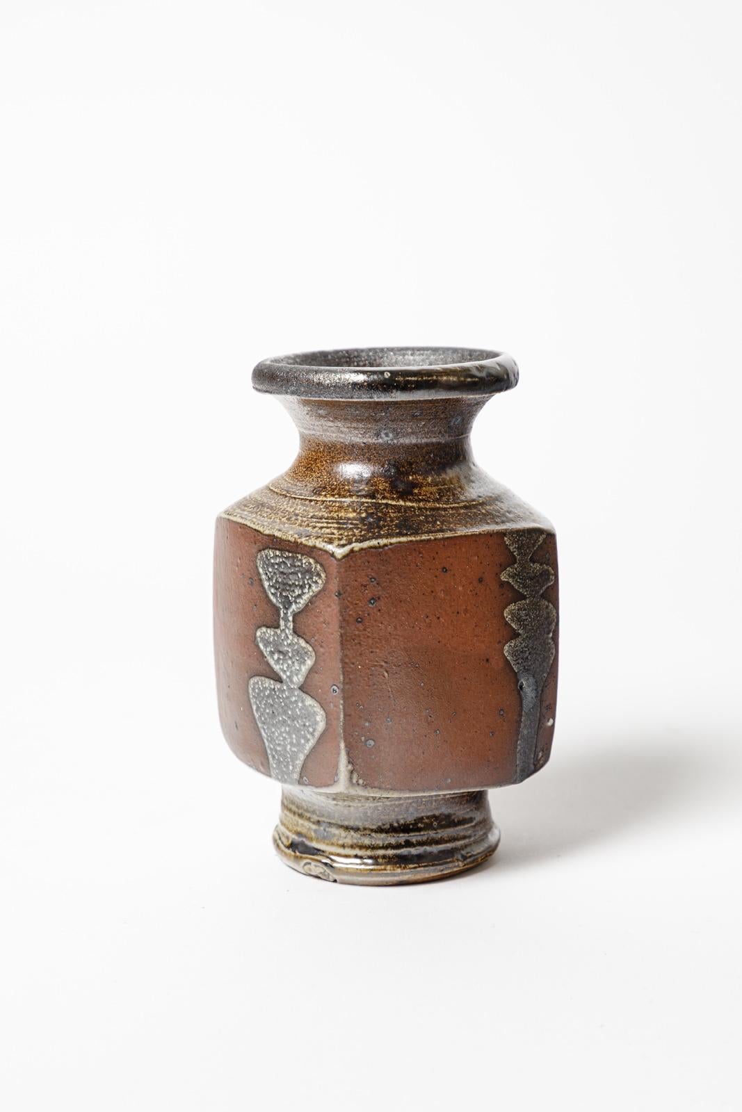 Mid-Century Modern Gustave Tiffoche 20e siècle Vase en céramique abstrait brun et noir 1970 3/7 en vente