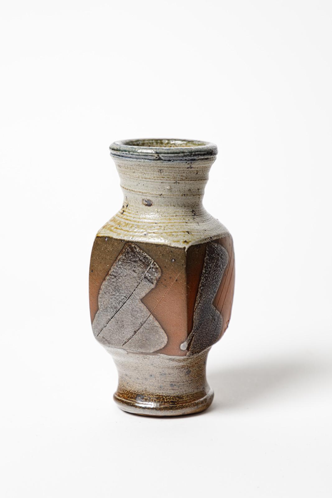 Mid-Century Modern Gustave Tiffoche 20e siècle  Vase en céramique abstraite marron et gris 1970 7/7 en vente