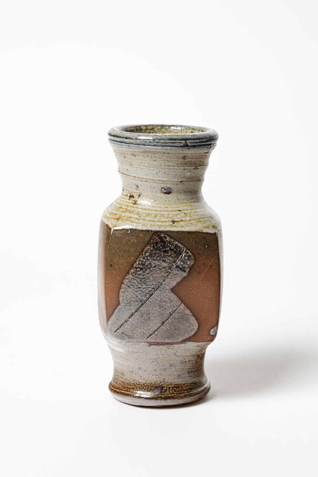 Français Gustave Tiffoche 20e siècle  Vase en céramique abstraite marron et gris 1970 7/7 en vente