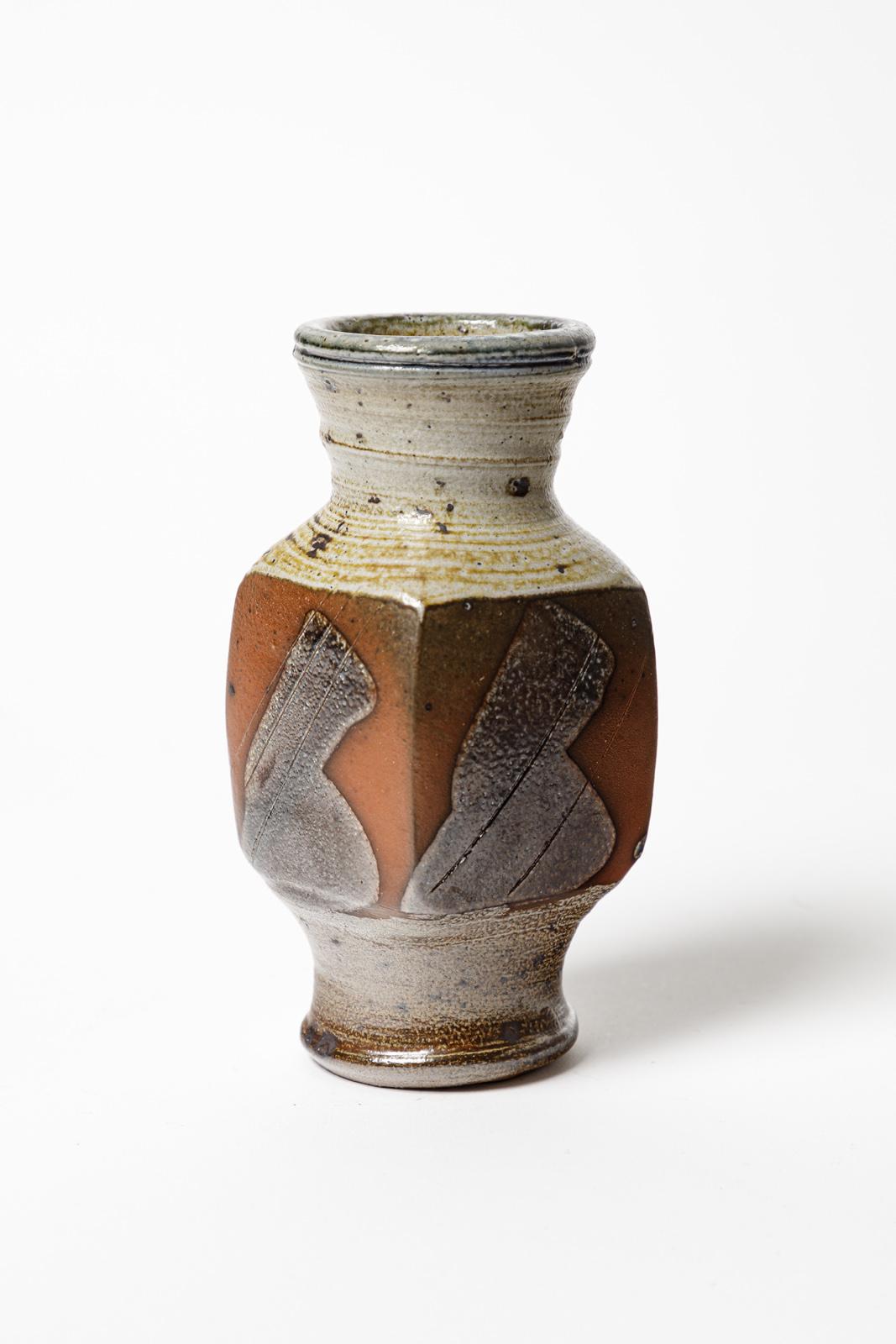 Gustave Tiffoche 20th Century Brown and Grey Abstract Ceramic Vase 1970 7/7 In Excellent Condition For Sale In Neuilly-en- sancerre, FR