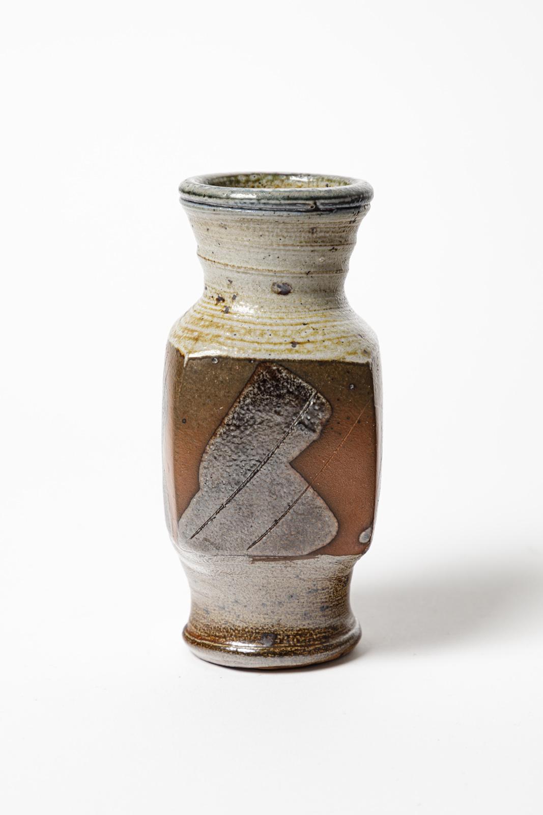 20ième siècle Gustave Tiffoche 20e siècle  Vase en céramique abstraite marron et gris 1970 7/7 en vente