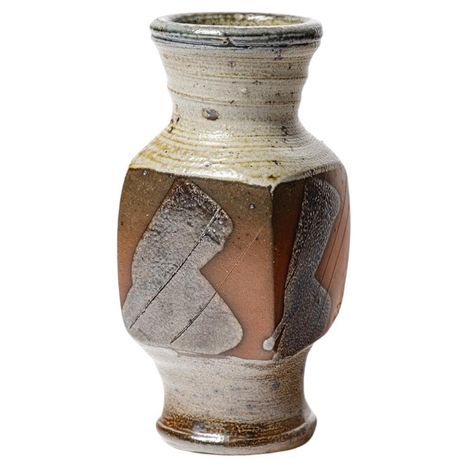 Gustave Tiffoche 20th Century Brown and Grey Abstract Ceramic Vase 1970 7/7 For Sale
