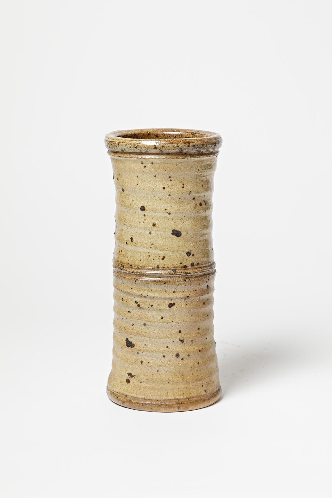 Mid-Century Modern Gustave Tiffoche brown stoneware ceramic vase circa 1970 unique piece For Sale