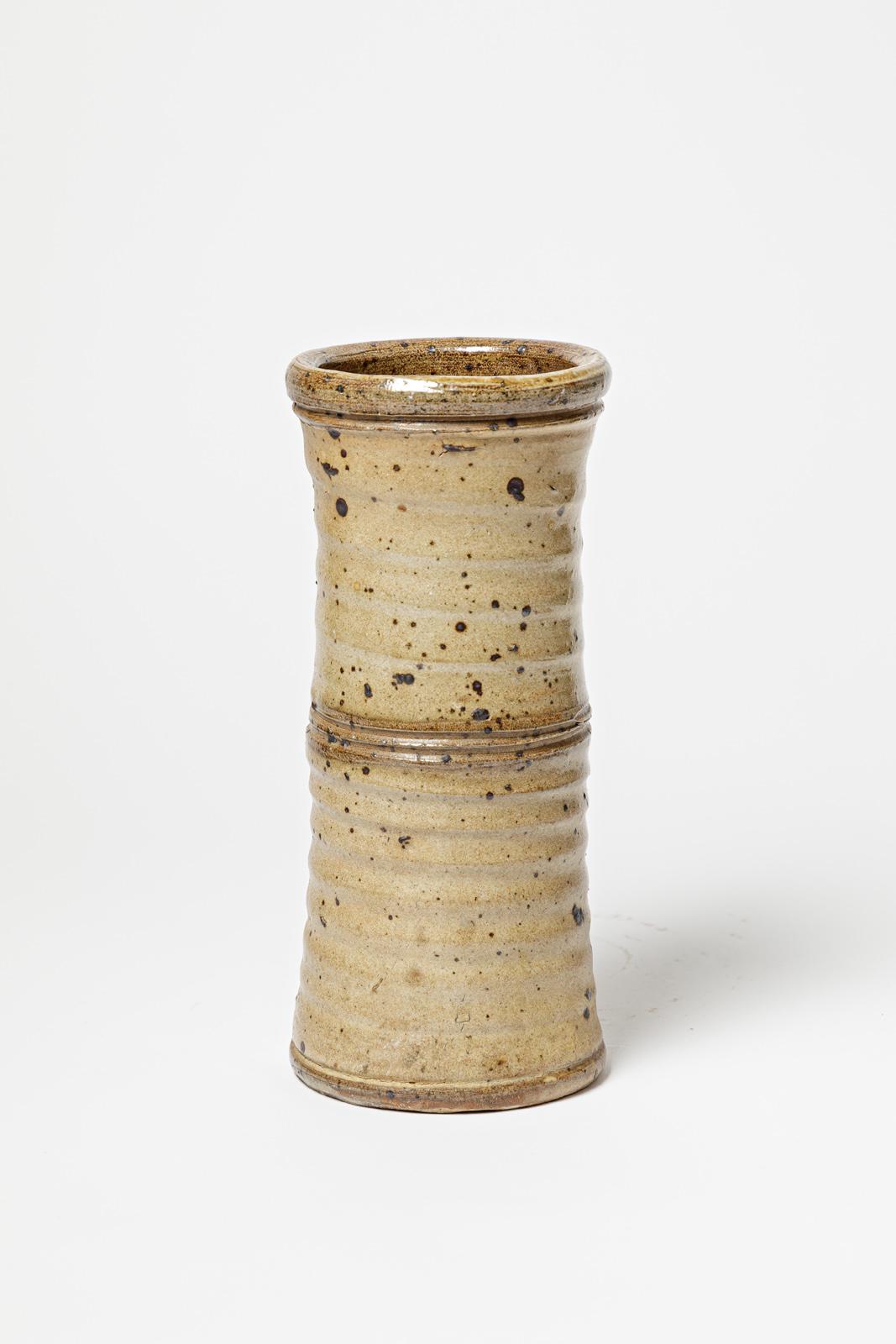 French Gustave Tiffoche brown stoneware ceramic vase circa 1970 unique piece For Sale