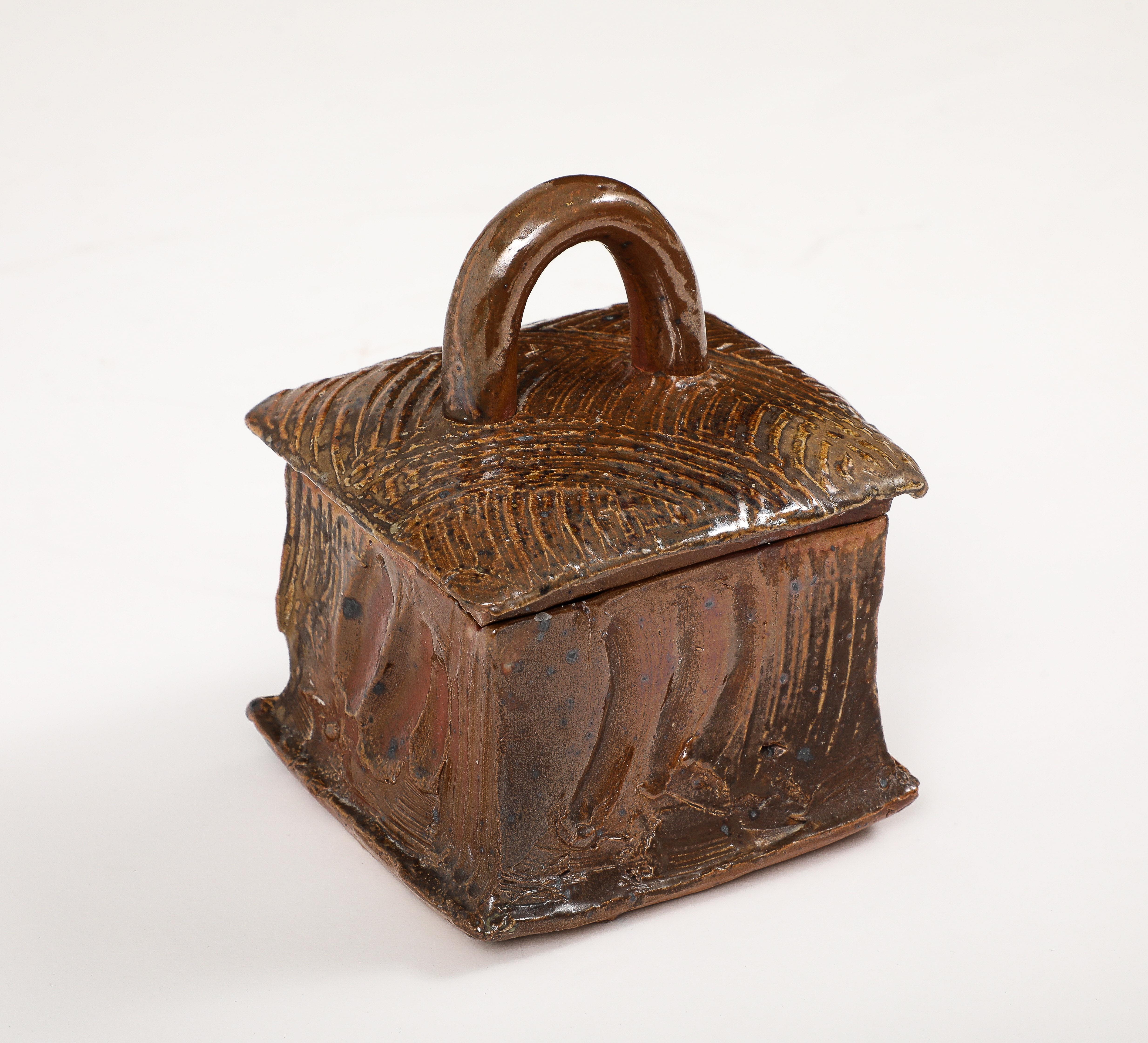 Brutalist Gustave Tiffoche Hand Built Ceramic Box, La Bourne, France, 1960, signed For Sale