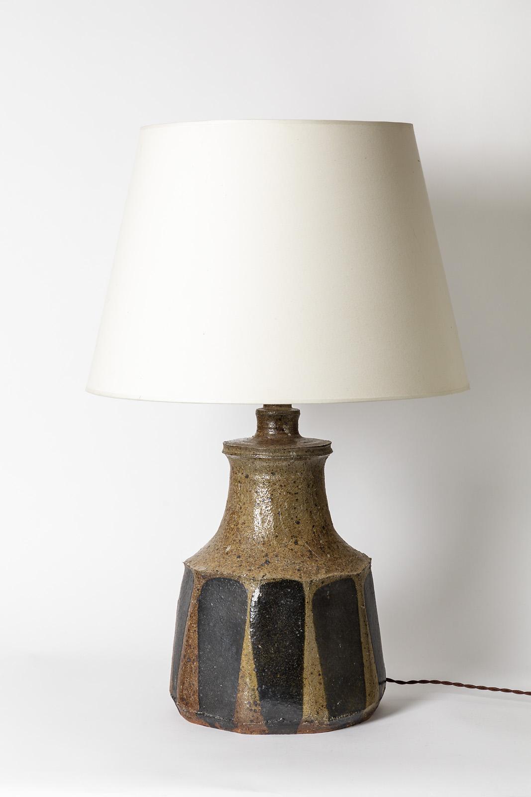 Gustave Tiffoche Massive Ceramic Sculpture Stoneware Table Lamp Brown and Black In Excellent Condition In Neuilly-en- sancerre, FR