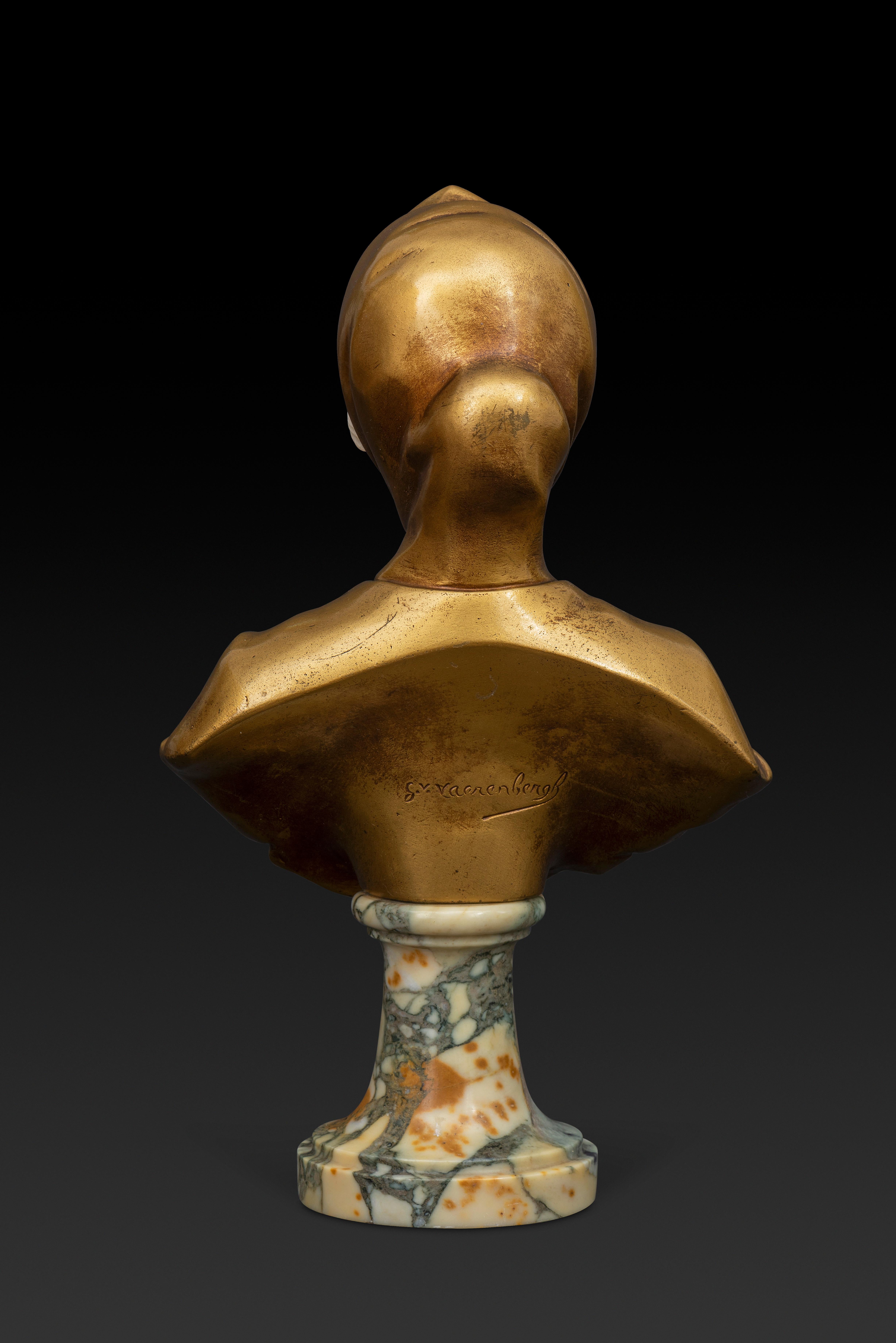Hand-Carved GUSTAVE VAERENBERGH (1873-1927) Bust in Alabaster and Gilt Bronze 