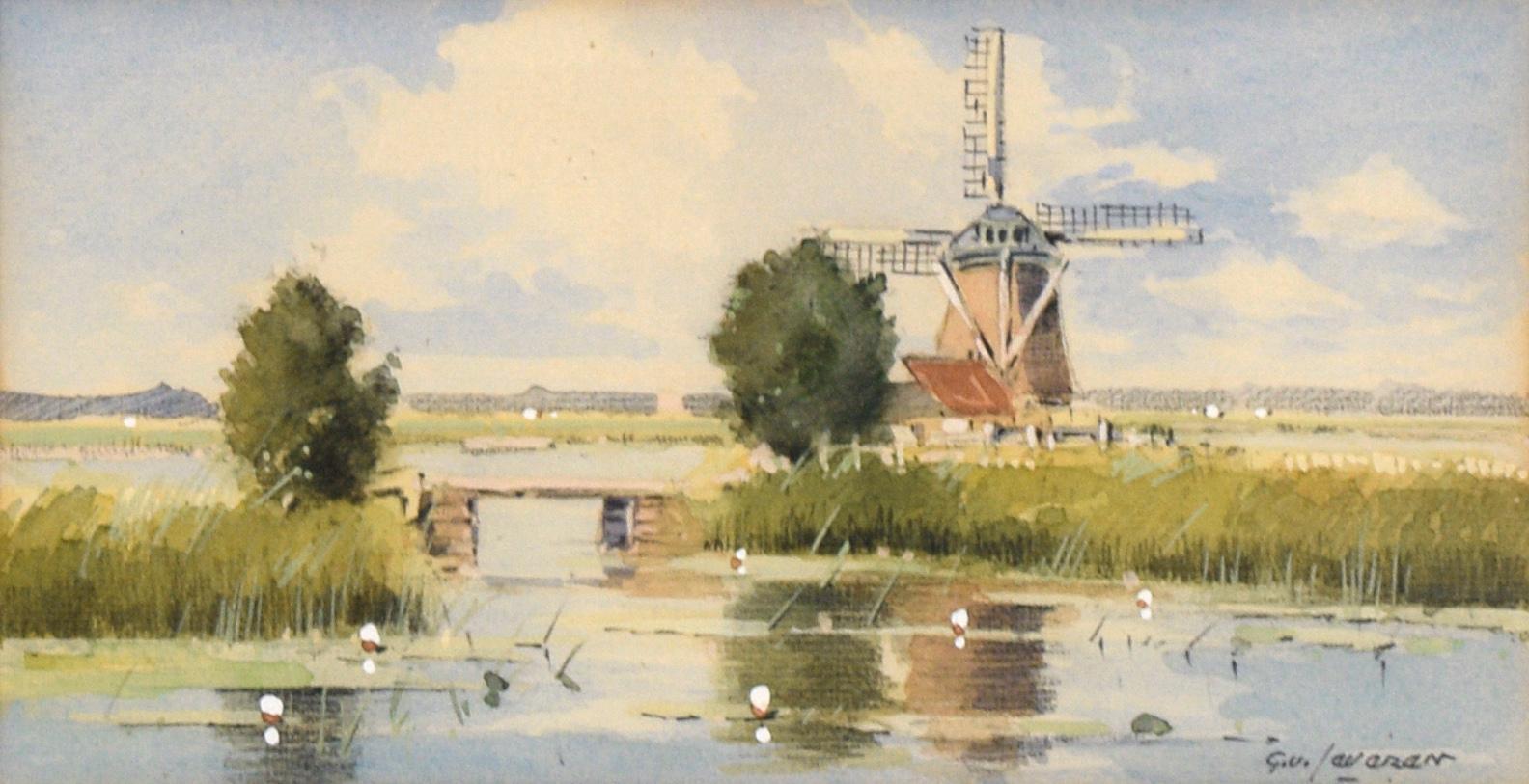 Dutch Windmill by the Pond, Landscape - Painting by Gustave Van Everen