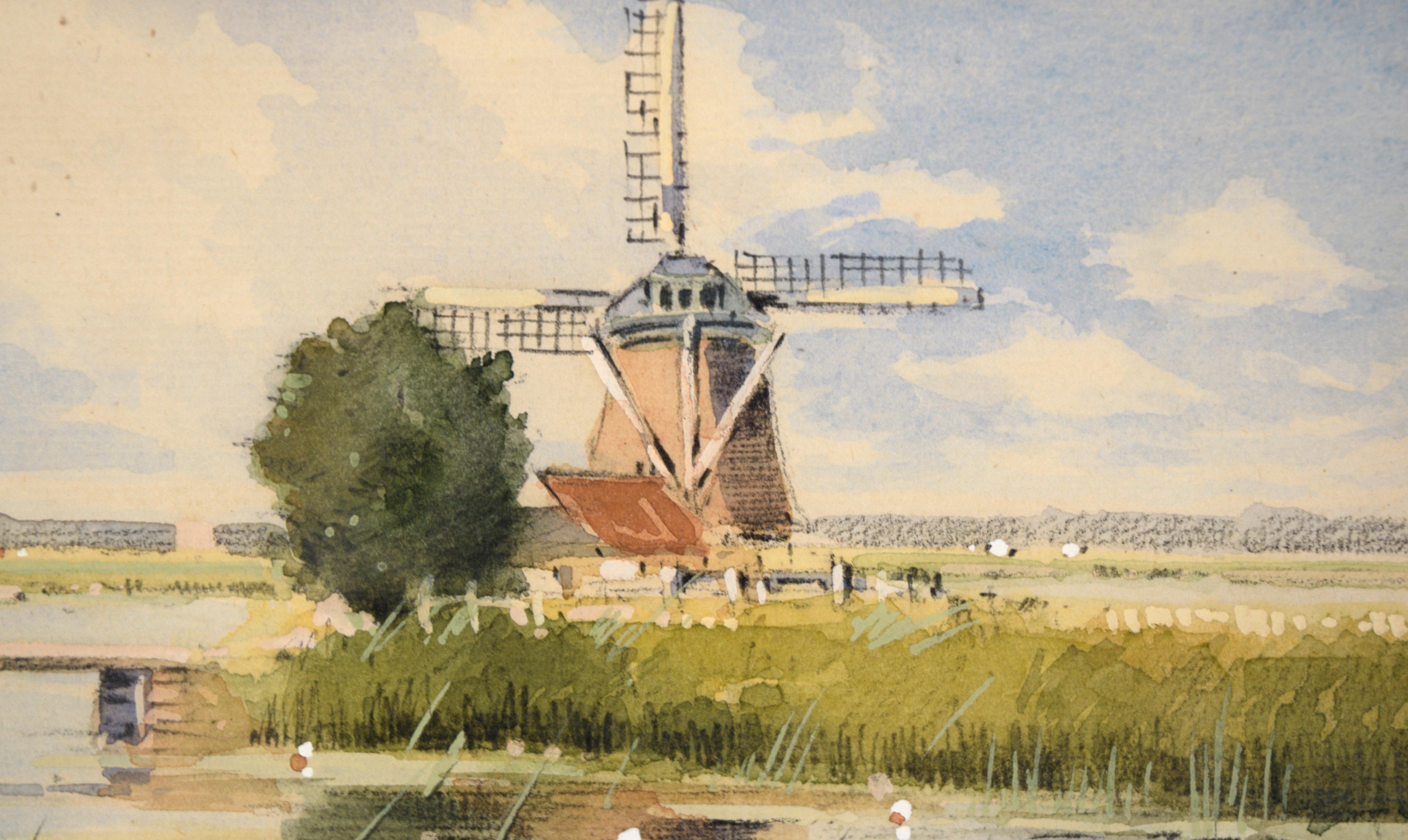 Dutch Windmill by the Pond, Landscape - Beige Landscape Painting by Gustave Van Everen