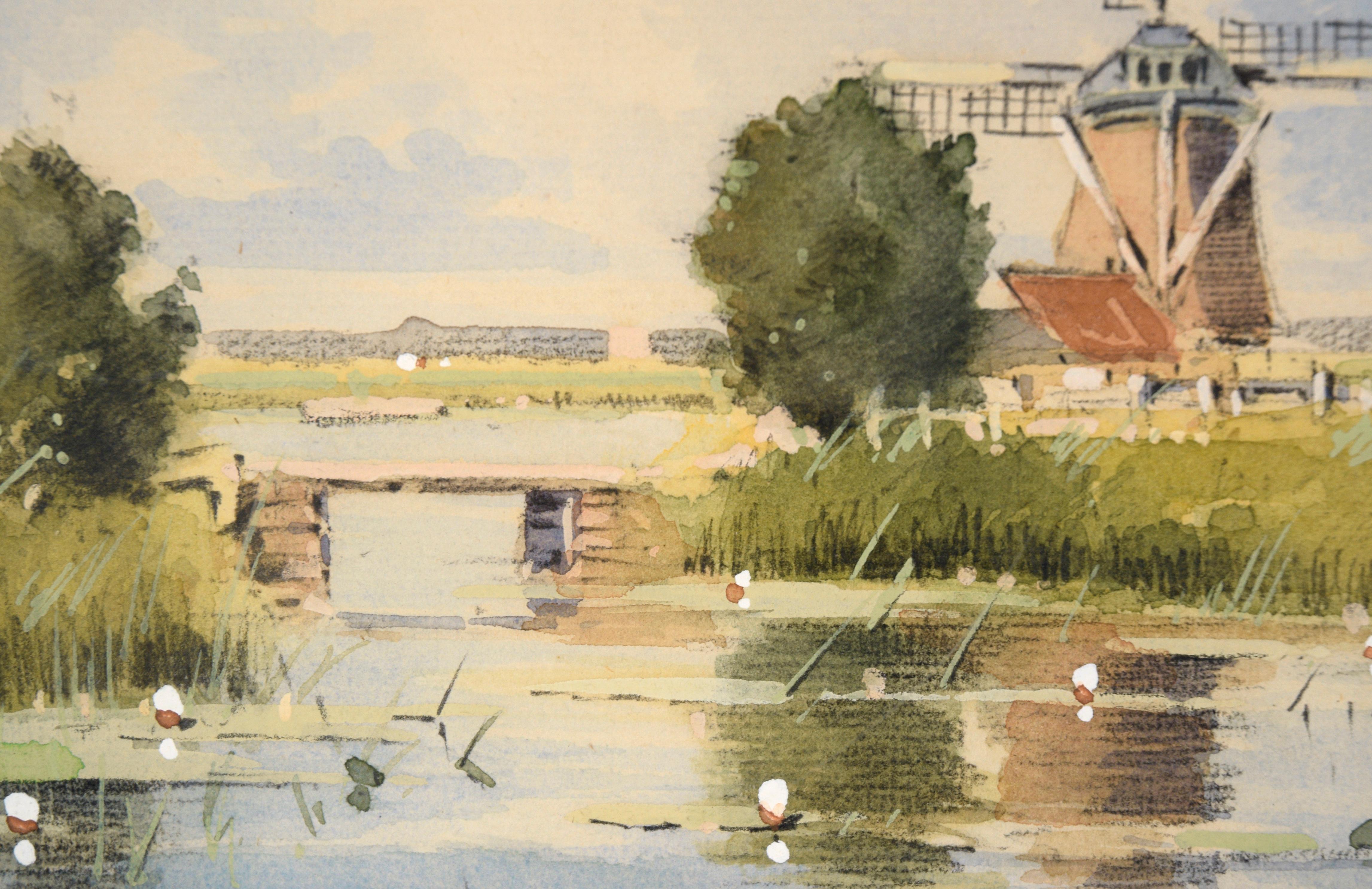 Idyllic farm scene with a windmill and pond by Gustave Van Everen (20th Century). Puffy clouds form the backdrop for a lush farm scene. The trees and windmill are reflected in the pond, which is also vibrant and full of life. Layers of fine details