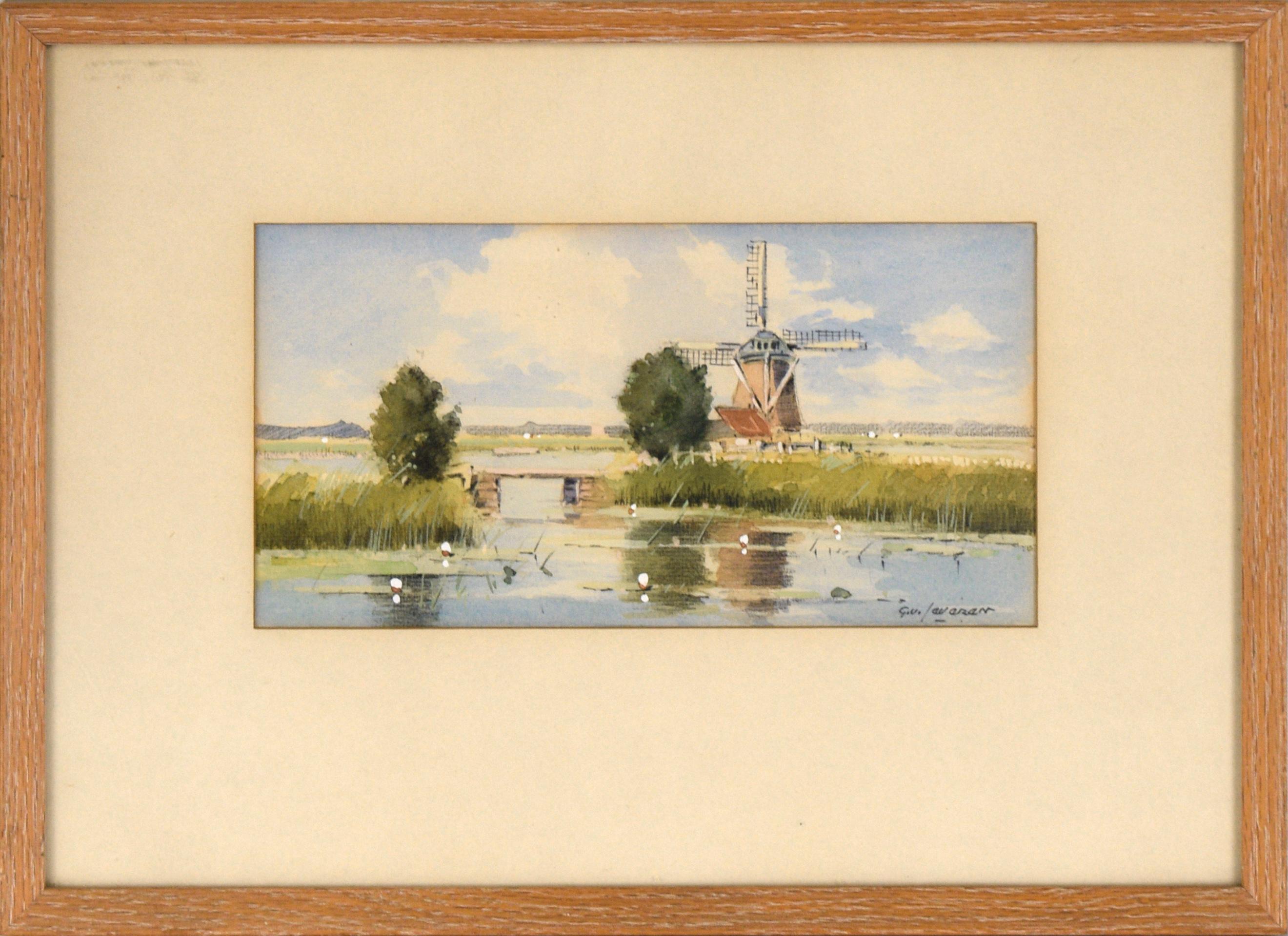 Gustave Van Everen Landscape Painting - Dutch Windmill by the Pond, Landscape