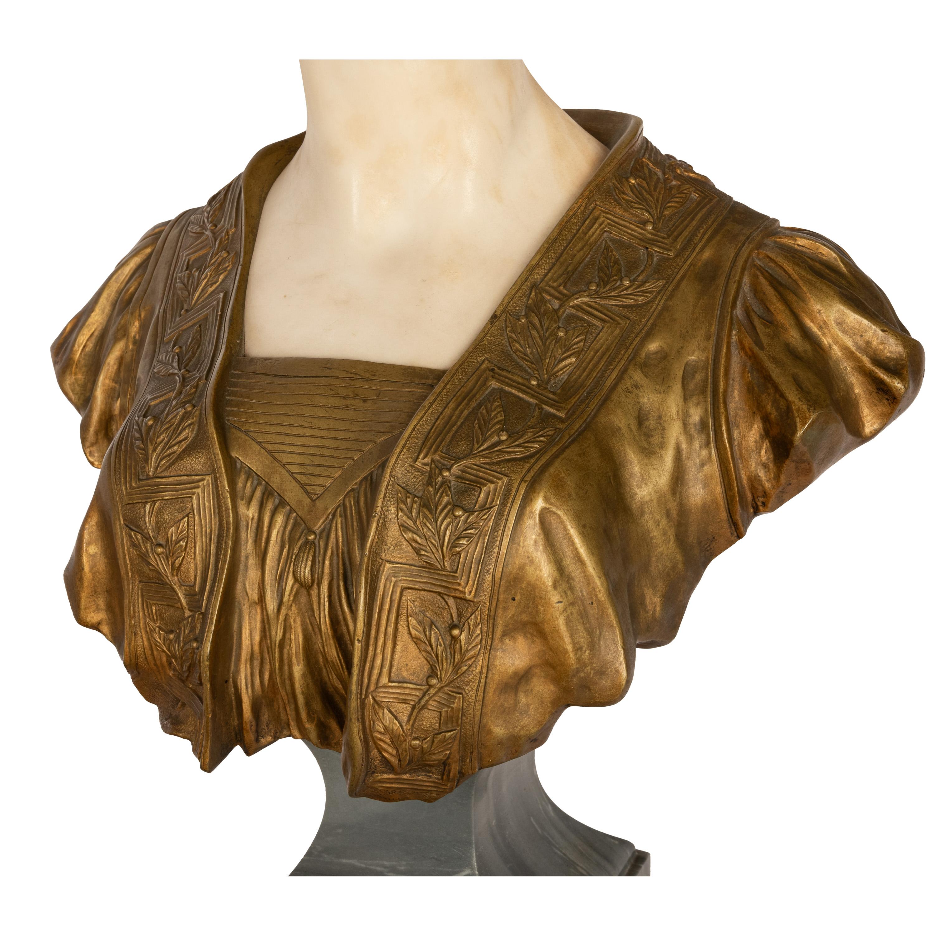 Antique Art Nouveau Female Carrara Marble Gilt Bronze Bust Statue Sculpture 1900 For Sale 7