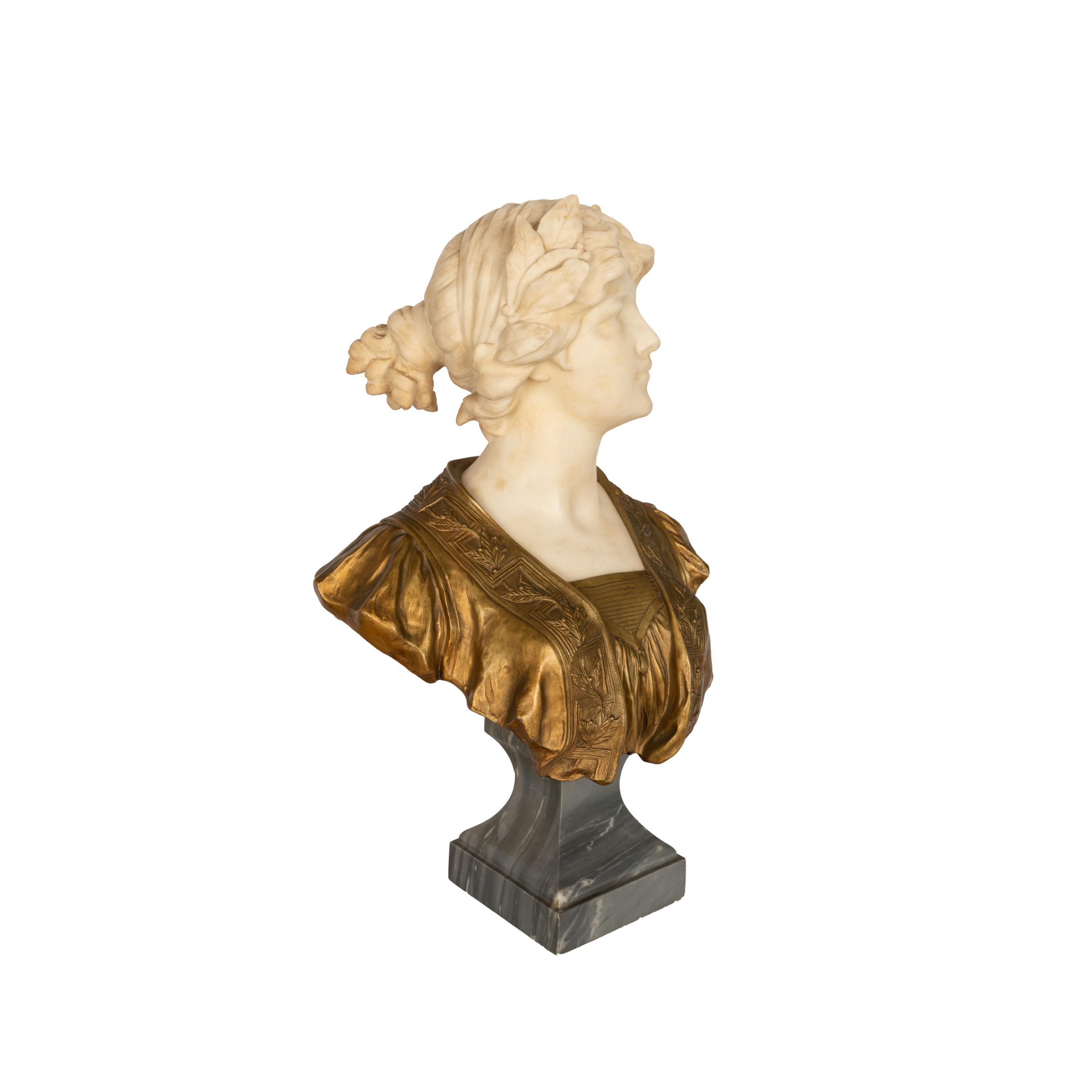 Antique Art Nouveau Female Carrara Marble Gilt Bronze Bust Statue Sculpture 1900 - Brown Figurative Sculpture by Gustave Van Vaerenbergh