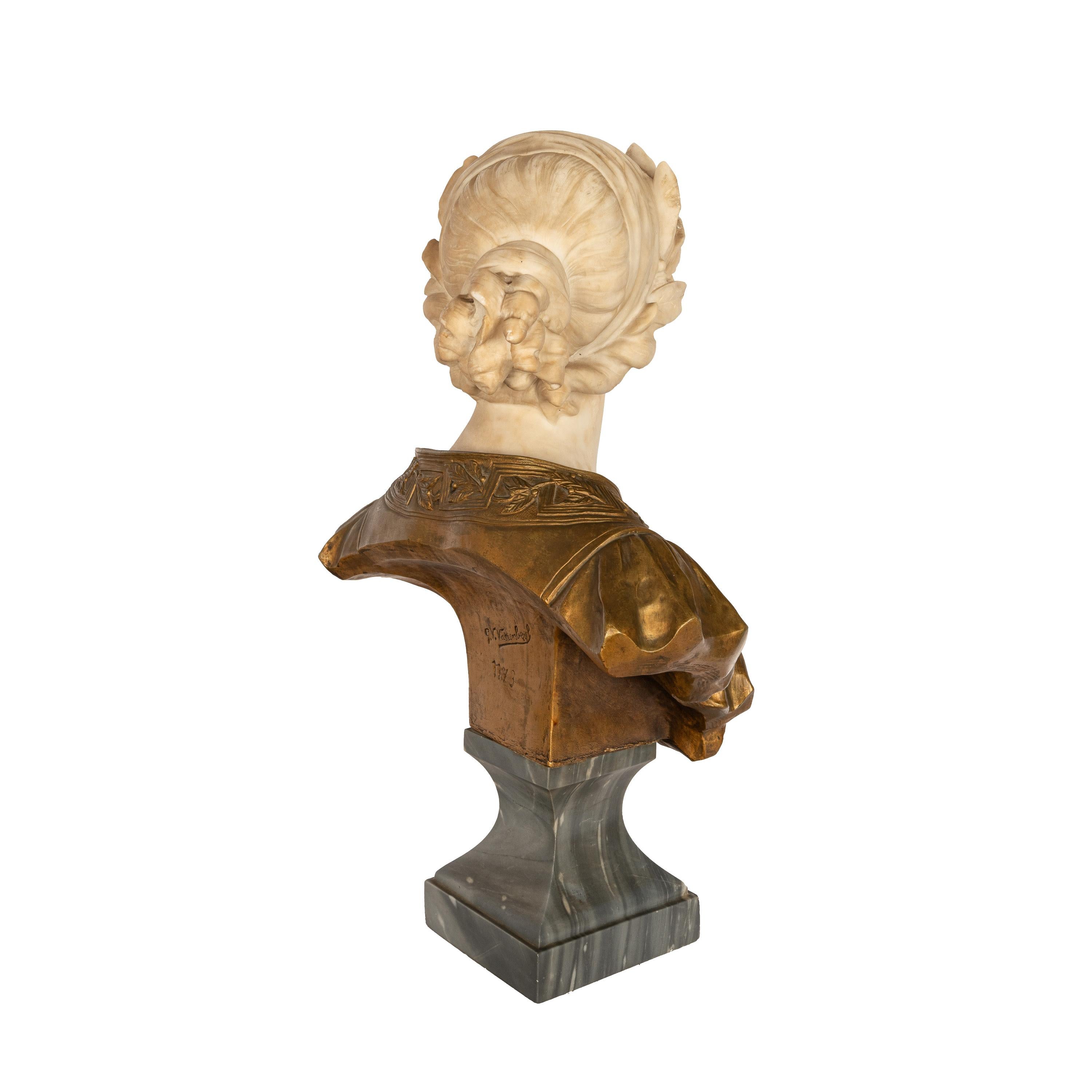 A very beautiful antique Art Nouveau bronzed Carrara marble sculpture bust of a young maiden circa 1900, by Gustave Van Vaerenbergh (1871-1927).
The sculpture portrays a beautiful young maiden made from Cararra marble, she is wearing a laurel wreath