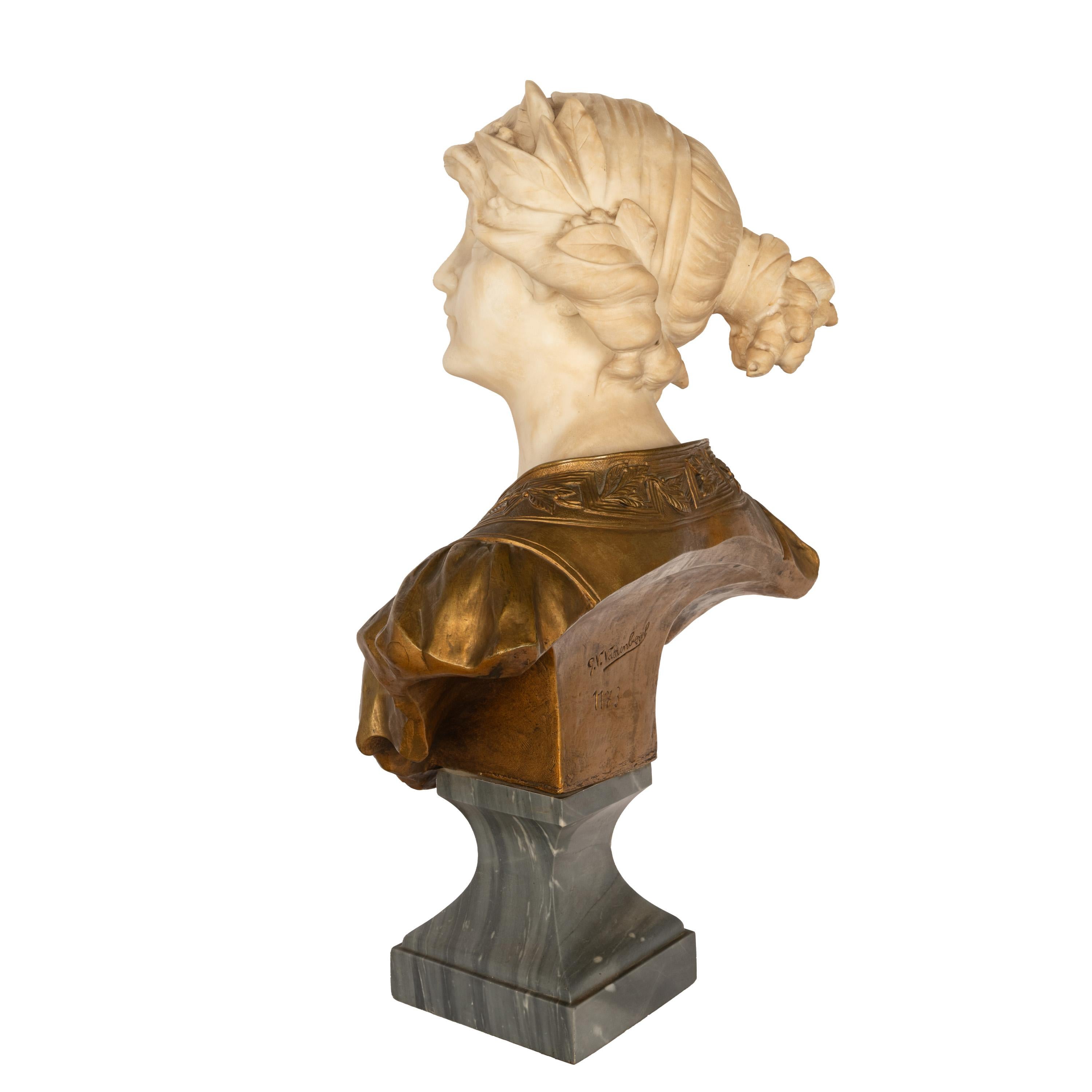 Antique Art Nouveau Female Carrara Marble Gilt Bronze Bust Statue Sculpture 1900 For Sale 2