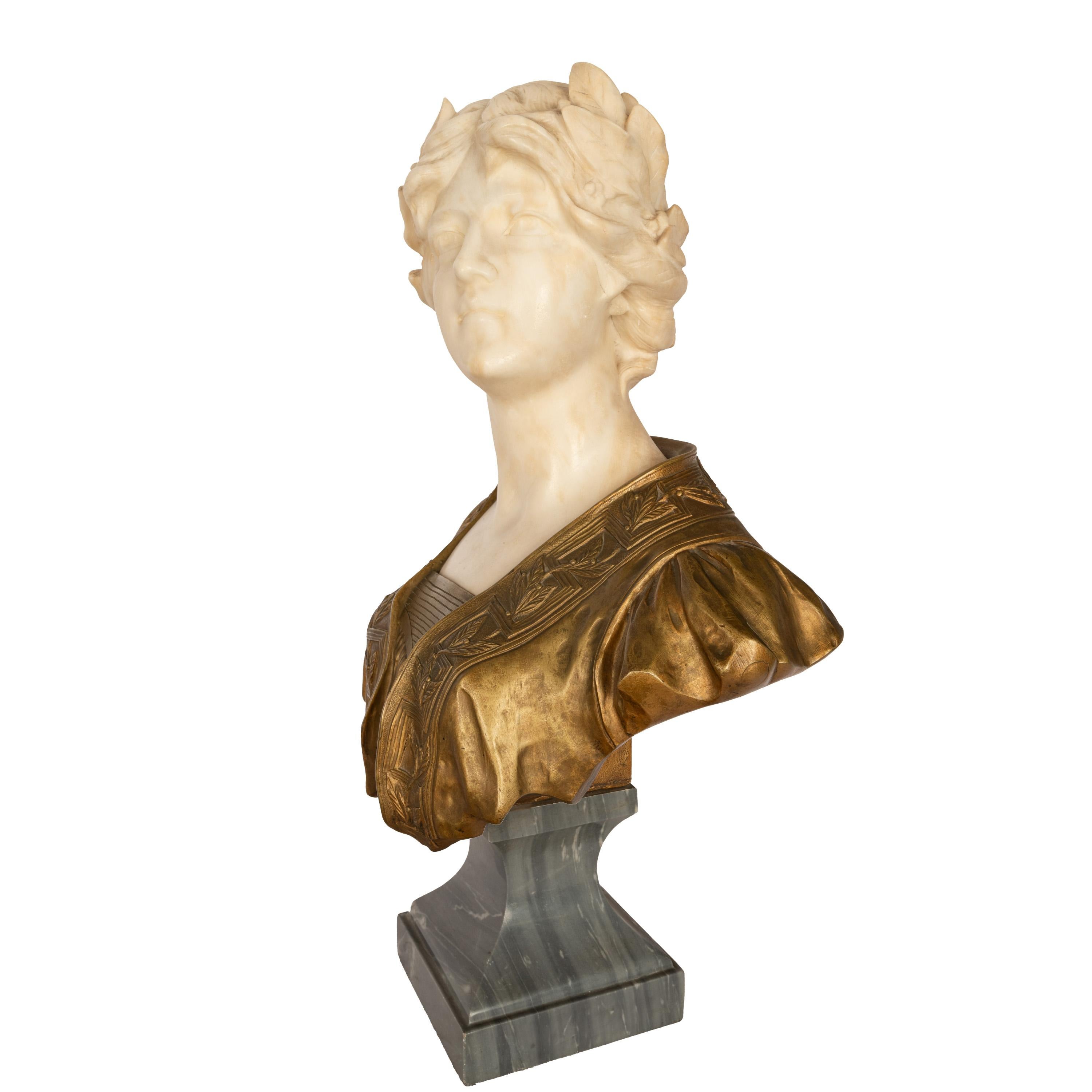 Antique Art Nouveau Female Carrara Marble Gilt Bronze Bust Statue Sculpture 1900 For Sale 3