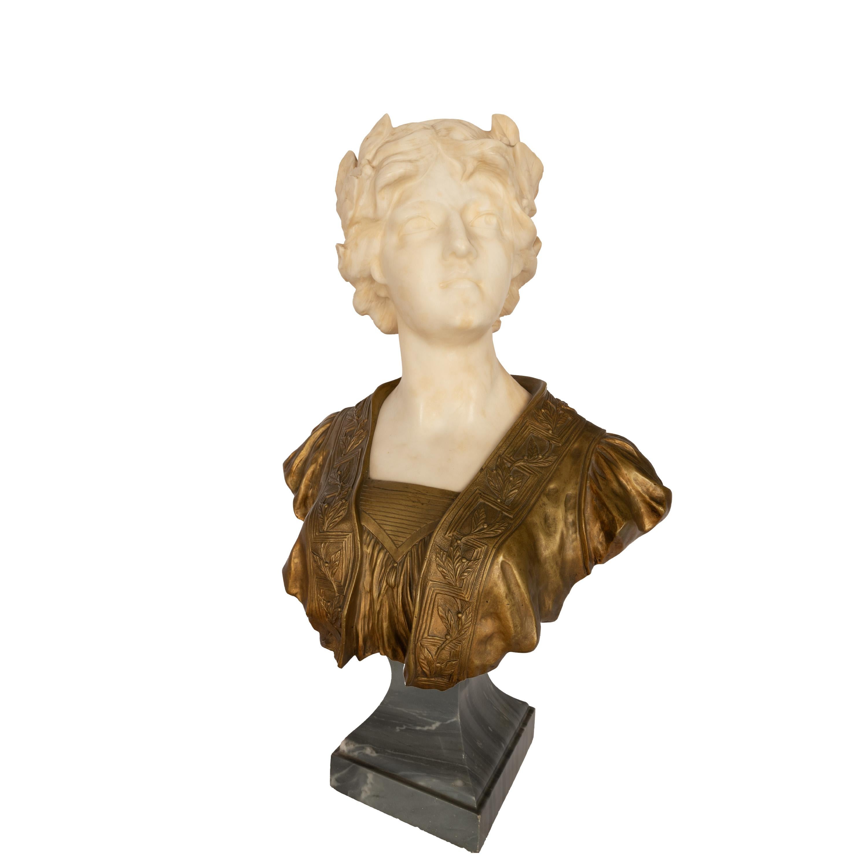 Antique Art Nouveau Female Carrara Marble Gilt Bronze Bust Statue Sculpture 1900 For Sale 4